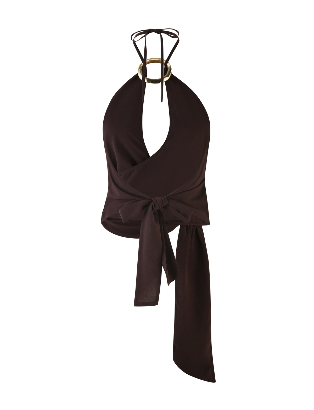 The TIGERMIST INDIGO TOP - BROWN: CHOCOLATE is a sleeveless chiffon halter top featuring a gold metallic ring at the neckline, a wrap front, and a long wide sash tie at the waist, shown on a plain white background.