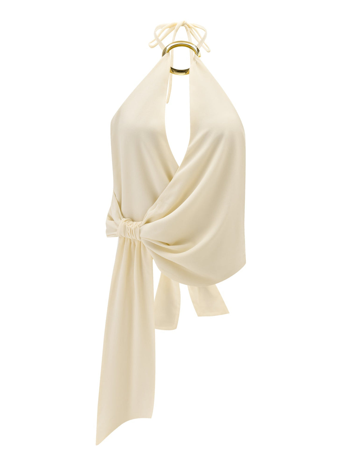 The INDIGO TOP - IVORY by TIGERMIST is a chiffon halter neck top with a gold ring at the neckline, deep V-cut front, and asymmetrical draped sash featuring an adjustable tie waist.
