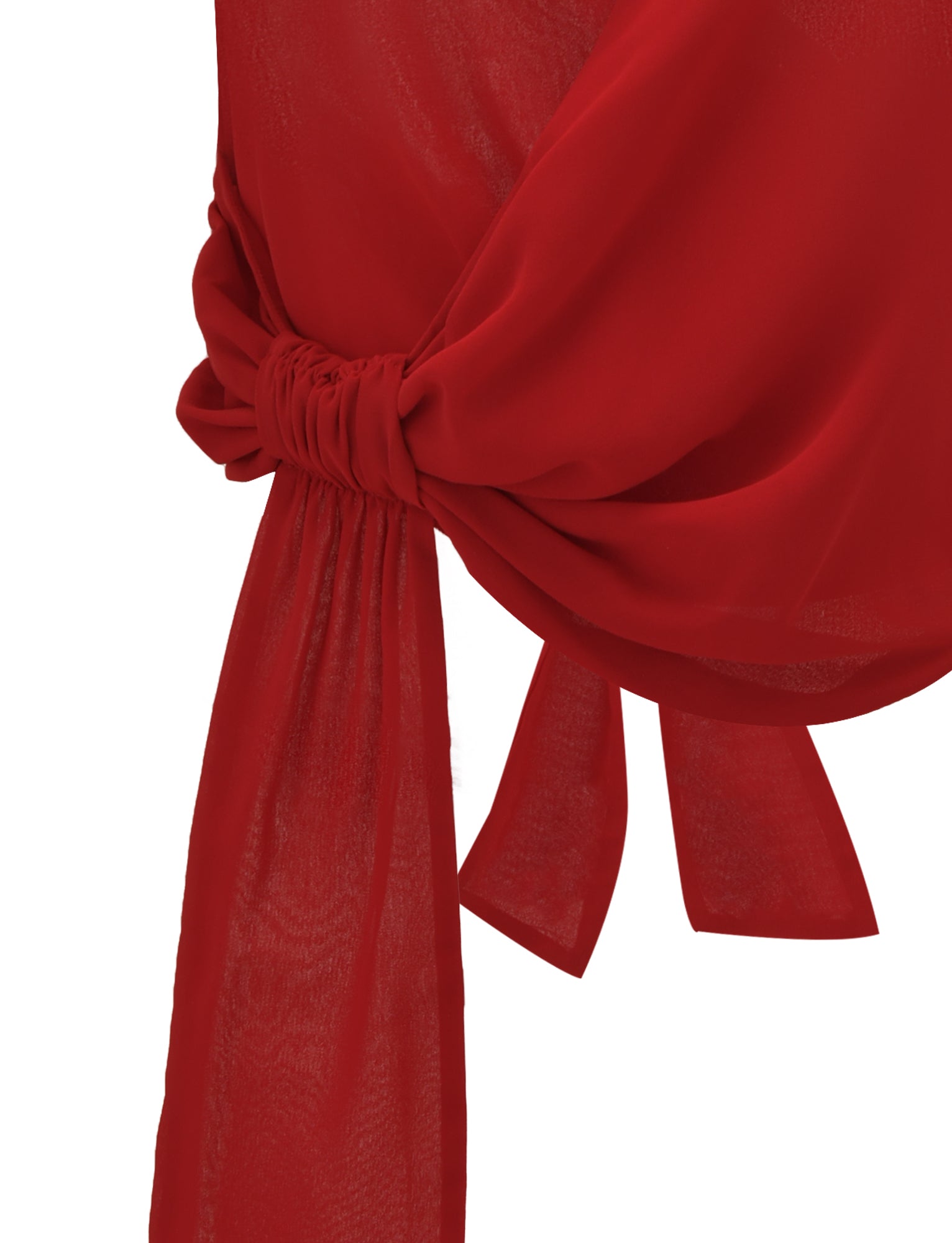 Close-up of the INDIGO TOP - RED by TIGERMIST, featuring sheer, lightweight red chiffon tied in a loose bow with long, flowing ends and a subtly translucent finish.