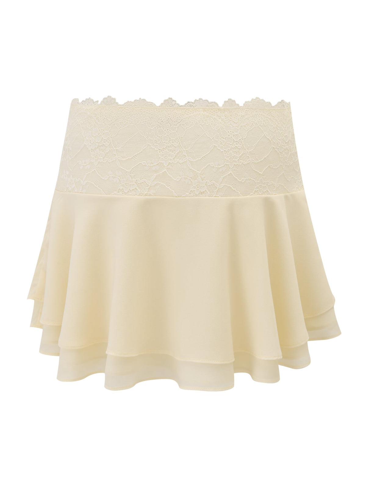The TIGERMIST INDIGO SKIRT - IVORY is a cream-colored, knee-length skirt with a lace waistband and flared, tiered hem, shown against a white background.