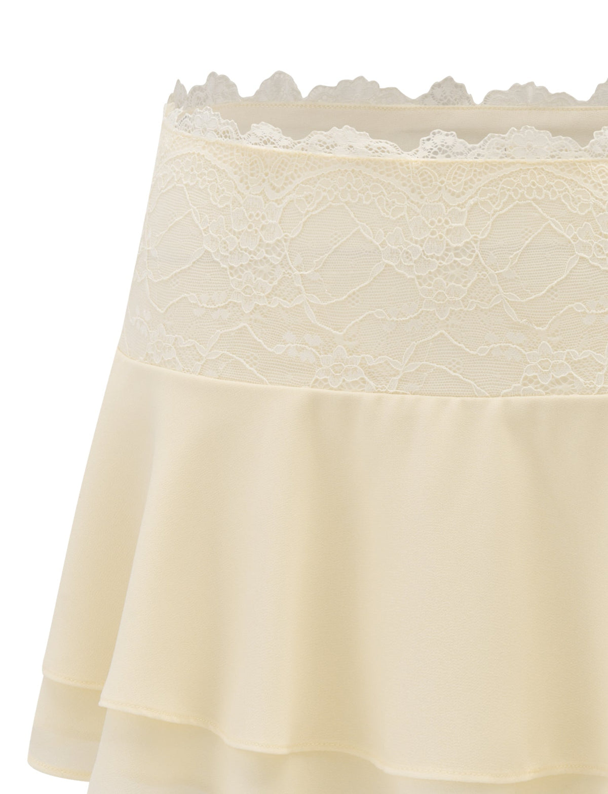 Close-up of the TIGERMIST INDIGO SKIRT in ivory, featuring a lace waistband and scalloped trim. Crafted from soft, lightweight fabric, this tiered skirt offers a flowing, ruffled silhouette for an elegant touch.