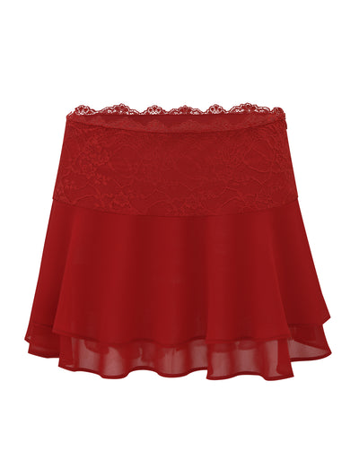 The INDIGO SKIRT - RED by TIGERMIST is a red chiffon mini skirt with a lace waistband, sheer flowy fabric, tiered design, flared silhouette, and delicate lace trim for an elegant look.