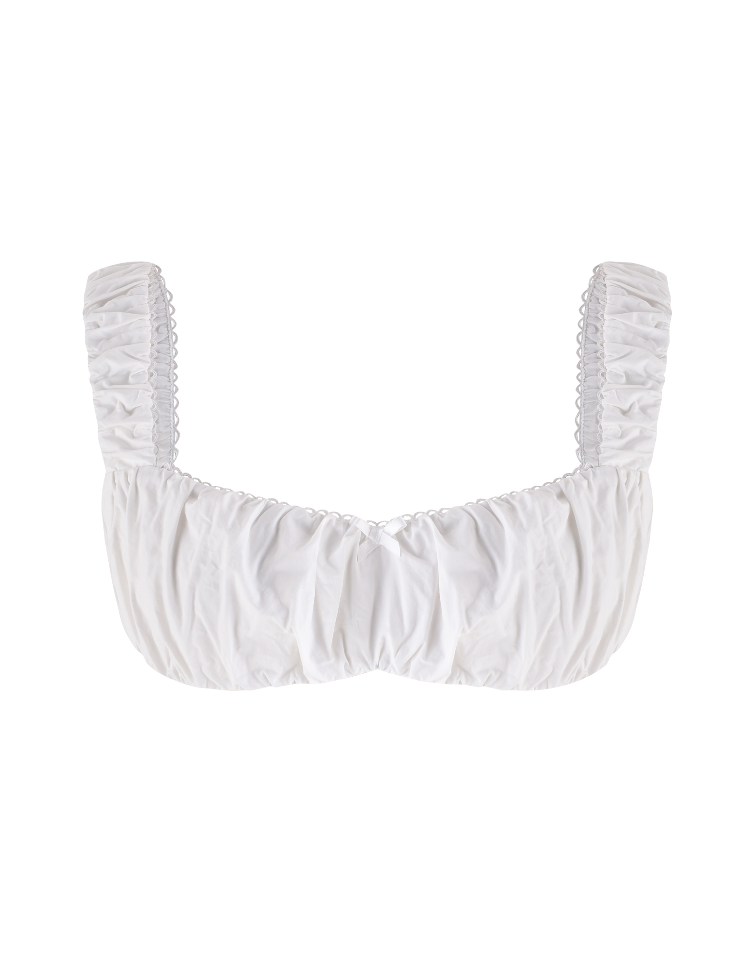 The SABRA TOP - WHITE by TIGERMIST is a white cotton cropped top featuring ruched fabric, wide gathered shoulder straps, and a structured bust, shown on a plain white background.