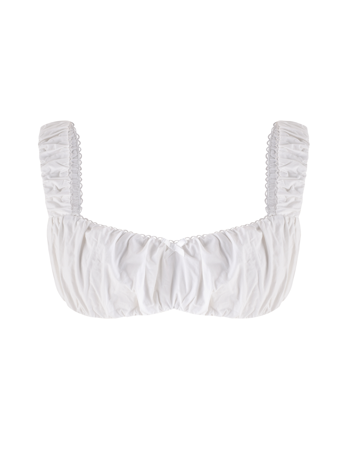 The SABRA TOP - WHITE by TIGERMIST is a white cotton cropped top featuring ruched fabric, wide gathered shoulder straps, and a structured bust, shown on a plain white background.