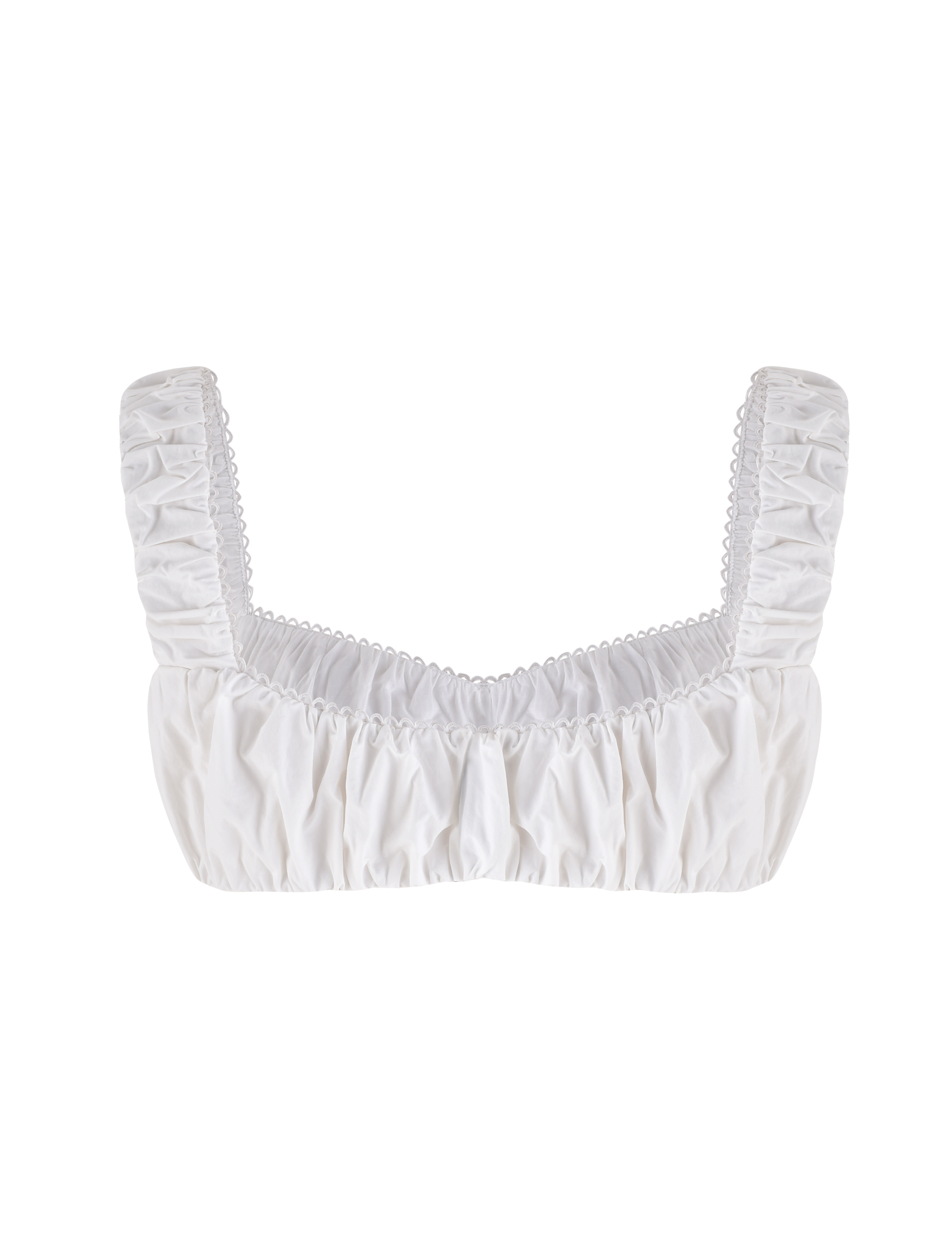 The SABRA TOP - WHITE by TIGERMIST is a cotton poplin cropped top featuring wide ruched straps, gathered fabric details, a simple square neckline, and an elasticized hem for a fitted, textured look.
