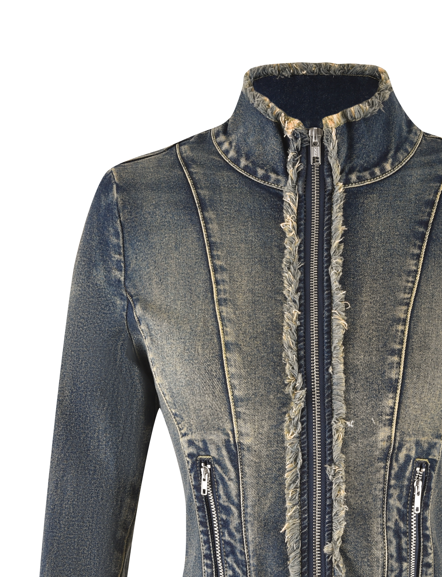 Close-up of the TIGERMIST OPHELIE JACKET in denim blue, featuring a high collar, visible seams, frayed zipper trim, zippered side pockets, and a fitted silhouette with a slightly faded vintage wash.