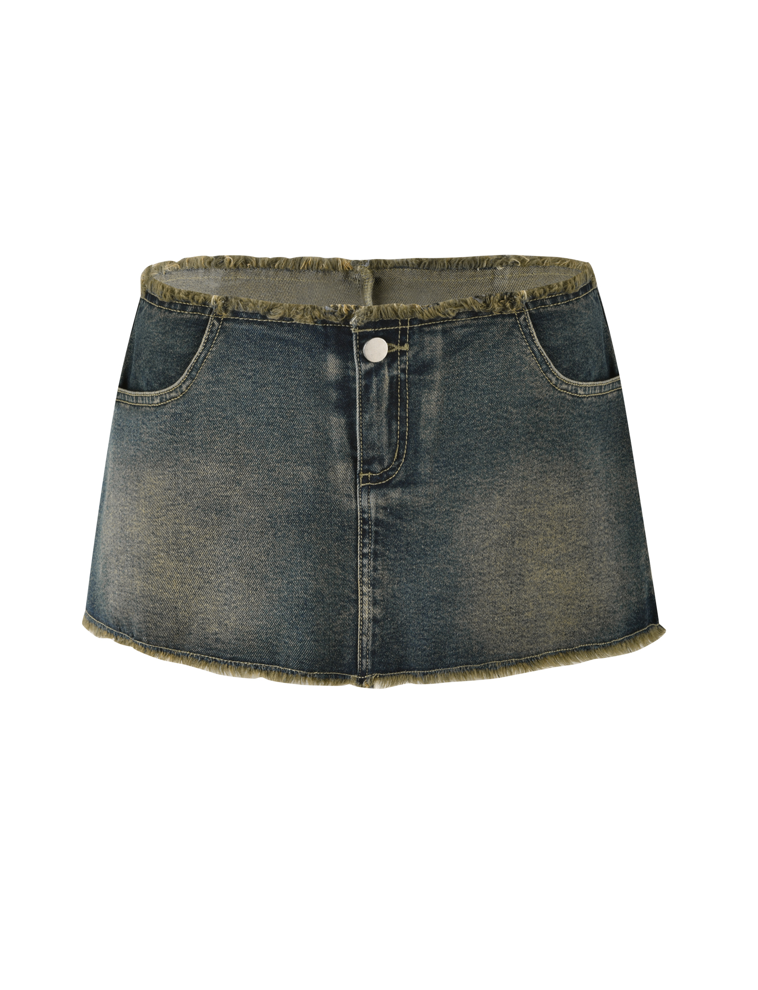 The TIGERMIST OPHELIE MINI SKORT in denim blue features a relaxed fit, frayed hem, front button closure, and two front pockets, shown on a white background.