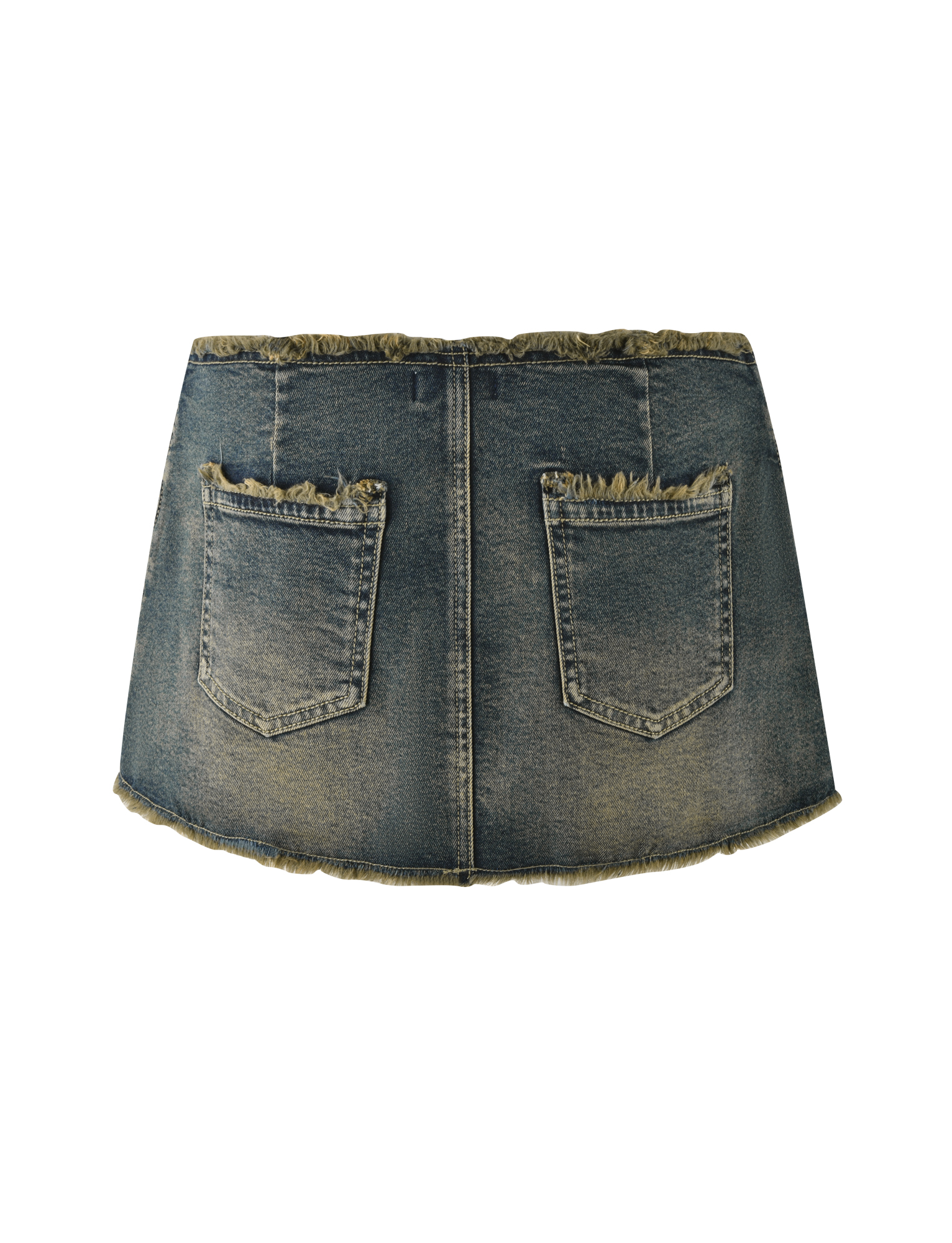 The TIGERMIST OPHELIE MINI SKORT in Denim Blue is shown from the back, featuring frayed-edge back pockets, a relaxed fit, and a raw hem, isolated on a white background.