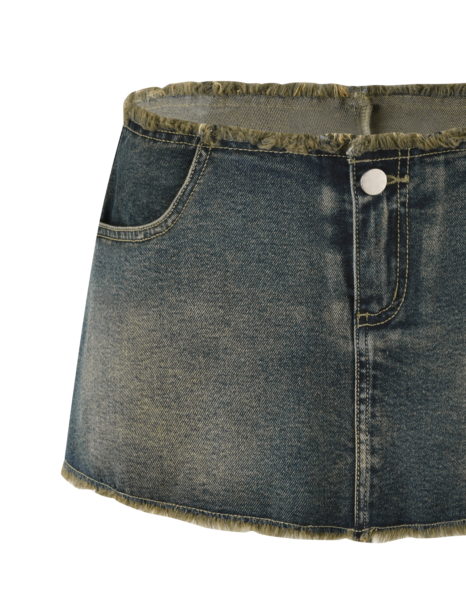 A close-up of the TIGERMIST OPHELIE MINI SKORT in denim blue, featuring frayed waistband and hem, a metal button, visible front pocket stitching, and slightly faded fabric for a vintage look and relaxed fit.