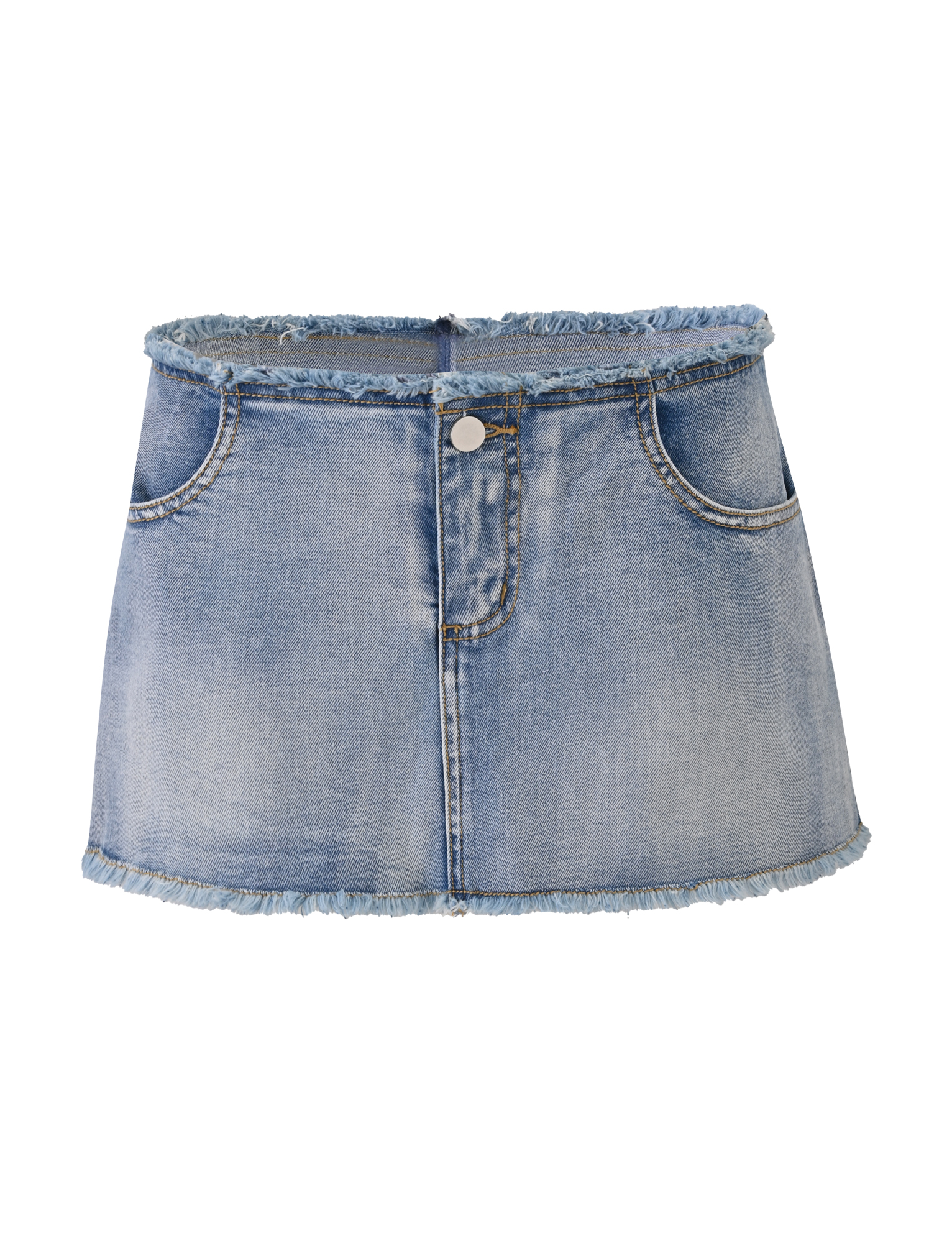 The OPHELIE SKORT - DENIM by TIGERMIST is a light blue denim mini skort featuring frayed waist and hem, front pockets, plus front button and zip closure.