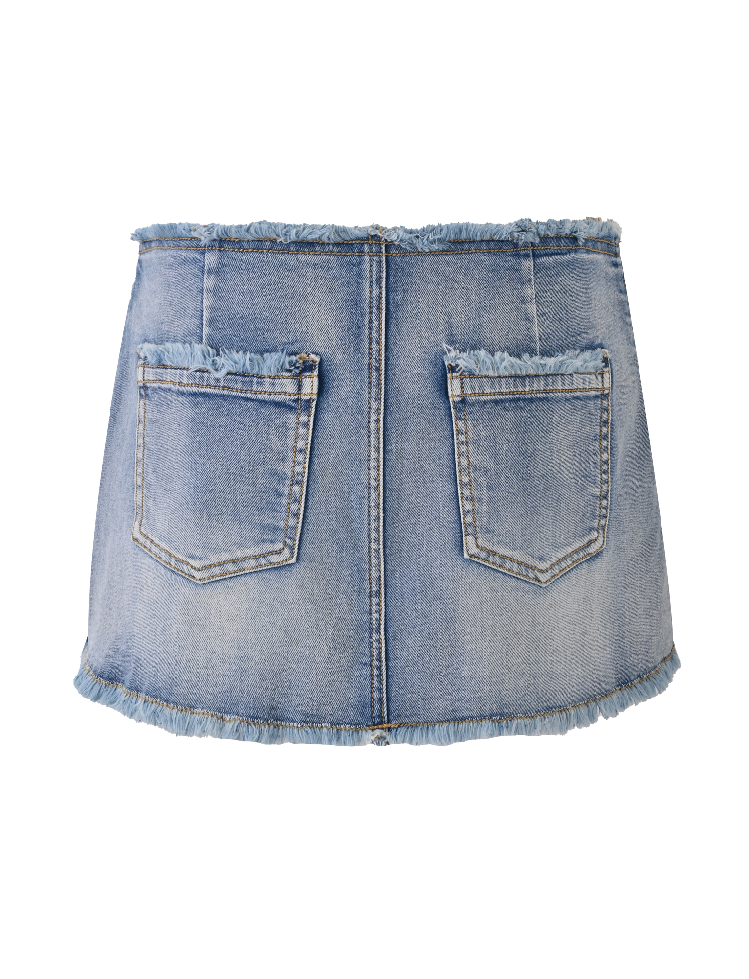 The TIGERMIST OPHELIE SKORT - DENIM is a blue mini skort featuring frayed edges and two back pockets, shown against a white background.