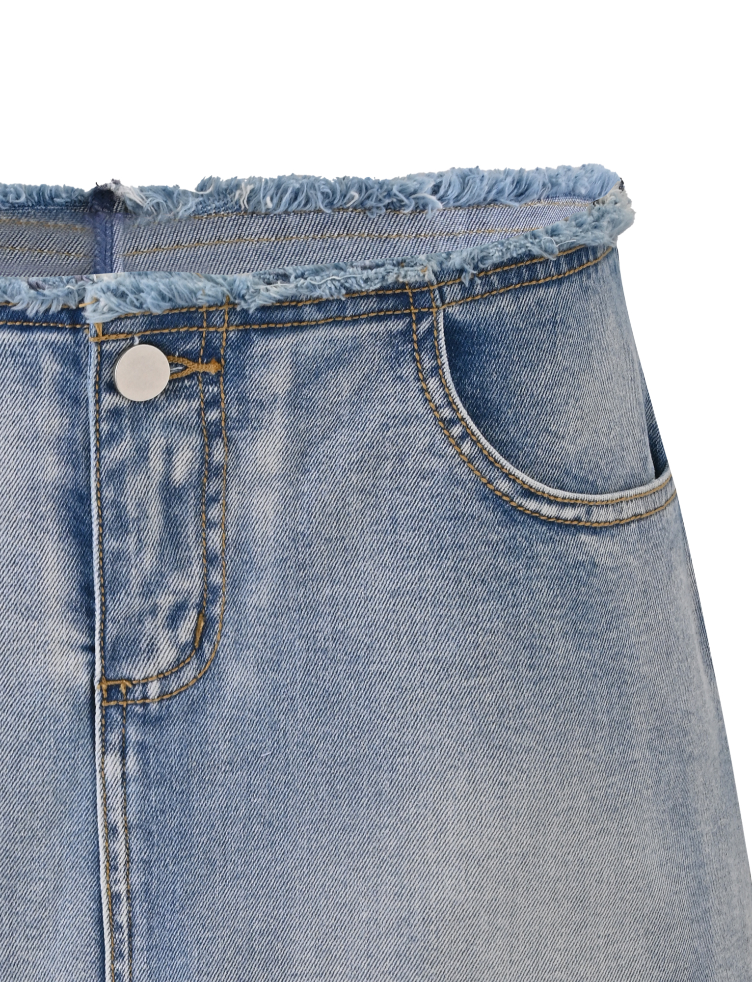 Close-up of the TIGERMIST OPHELIE SKORT - DENIM in light blue, showcasing a frayed waistband, silver button, visible pockets, and a faded finish.