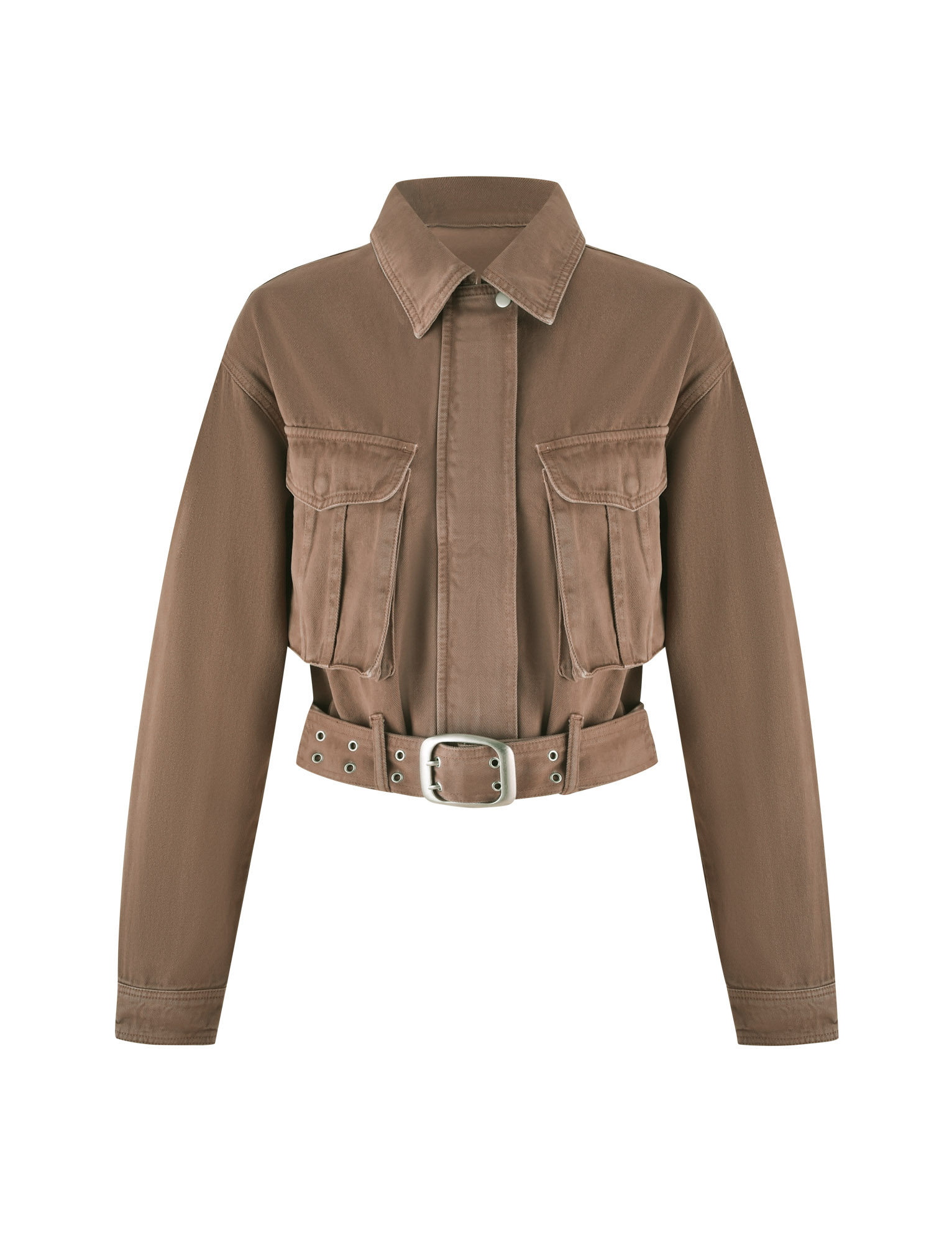 The TIGERMIST ZELIE JACKET in Sandblast Washed Tan is a brown cotton drill cropped utility jacket with long sleeves, a collared neckline, patch pockets, and a matching belted waist with silver buckle.