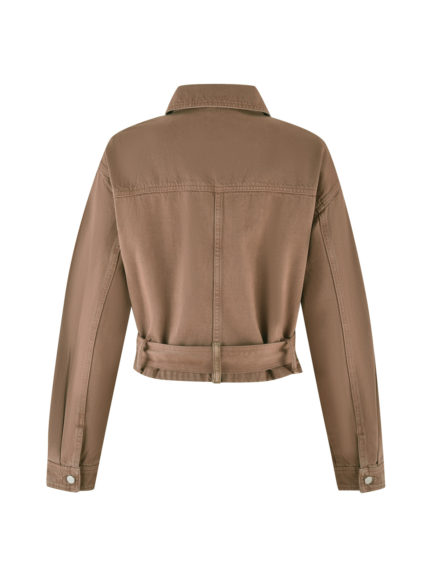 The ZELIE JACKET - NEUTRAL : SANDBLAST : WASHED TAN by TIGERMIST is a brown cropped denim utility jacket with long sleeves, buttoned cuffs, a classic collar, seam-detailed fitted waistband, and functional patch pockets.