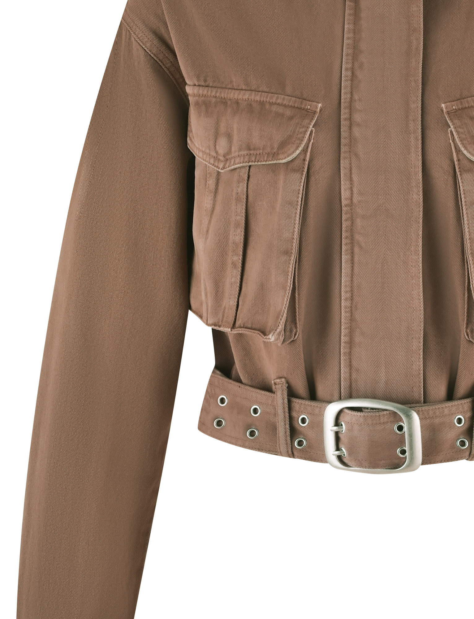 Close-up of the TIGERMIST ZELIE JACKET in Washed Tan, showing functional patch pockets, button accents, and a silver-buckled waist belt. Upper body view only; no background.