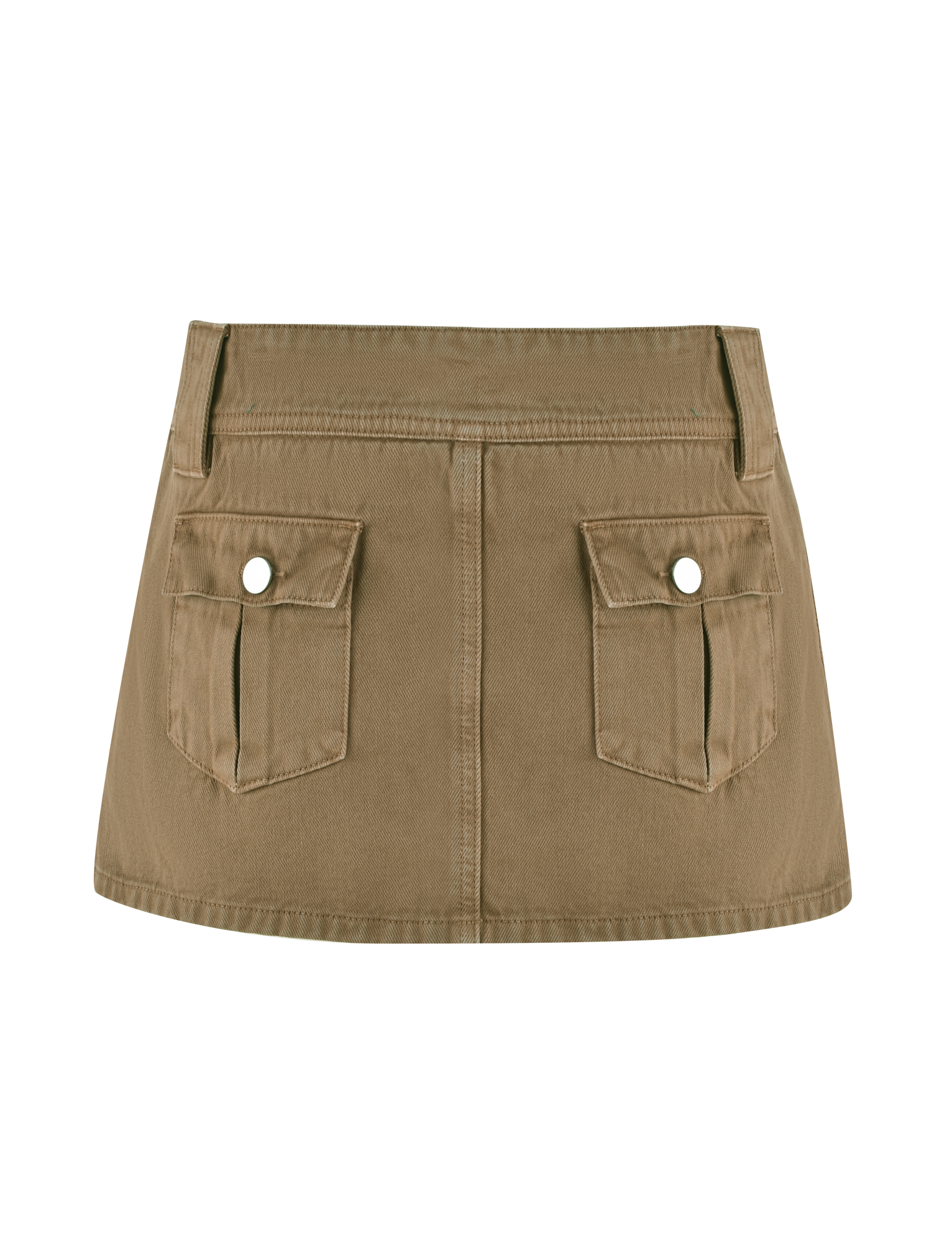 The ZELIE MINI SKORT by TIGERMIST in Washed Tan features two front flap pockets with button closures and belt loops at the waistband, shown here against a white background.