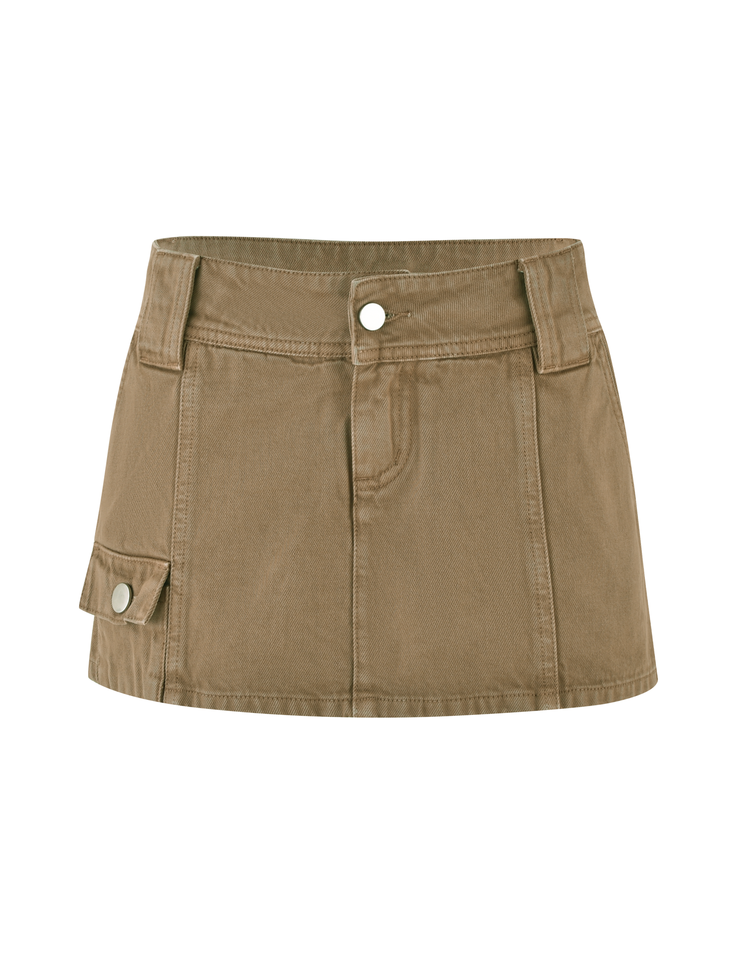 TIGERMIST ZELIE MINI SKORT in washed tan features front button and zipper closure, seam details, belt loops, and side flap pockets, shown against a white background.