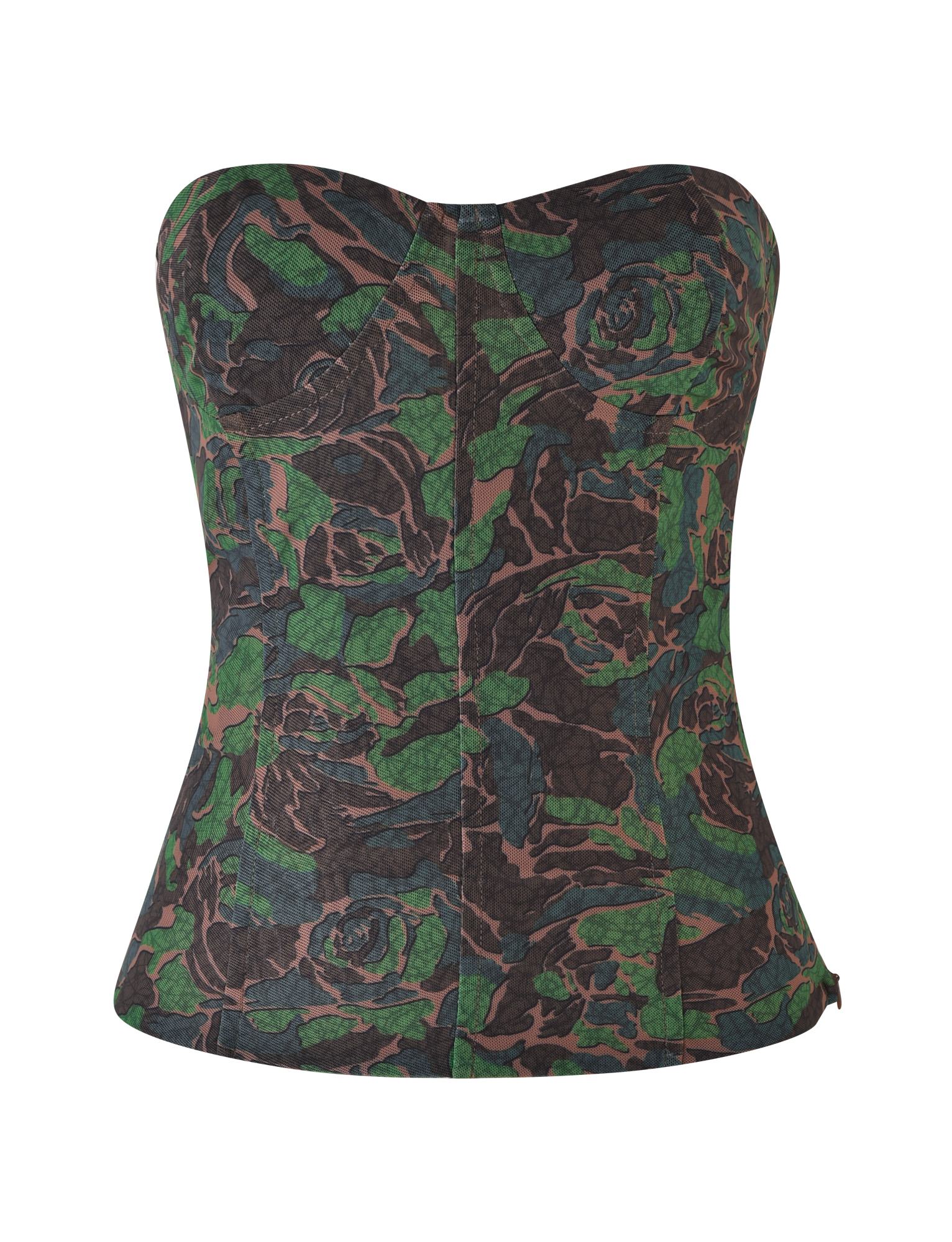 The TIGERMIST DULCE CORSET - GREEN : CAMO is a strapless bustier top with a fitted silhouette, crafted from high stretch fabric and detailed with a green camo print floral pattern, shown on a white background.