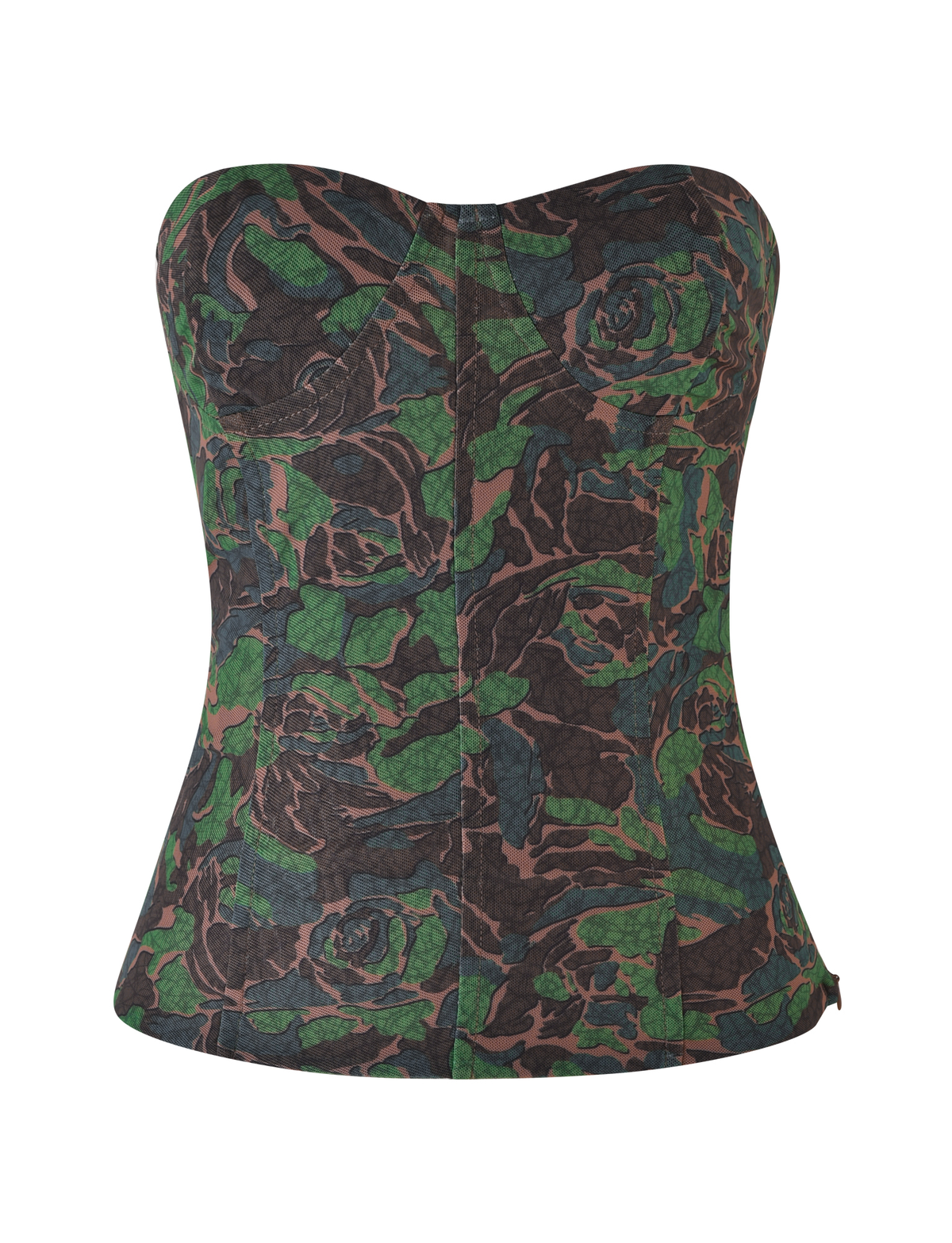 The TIGERMIST DULCE CORSET - GREEN : CAMO is a strapless bustier top with a fitted silhouette, crafted from high stretch fabric and detailed with a green camo print floral pattern, shown on a white background.