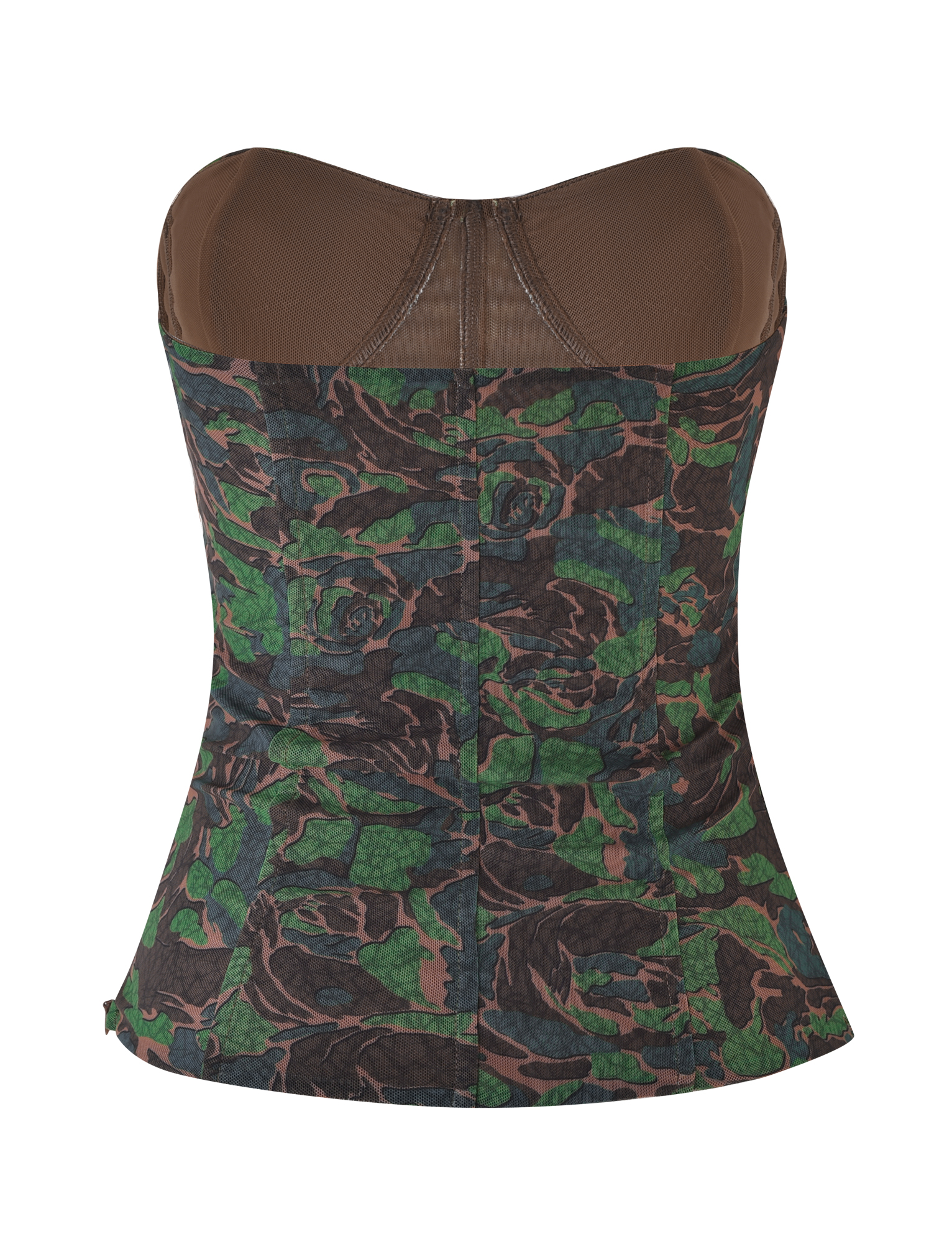 The DULCE CORSET - GREEN : CAMO by TIGERMIST is a strapless, fitted mesh bustier top with a green camo print in brown and black tones, featuring brown lining along the top edge. Displayed against a white background.