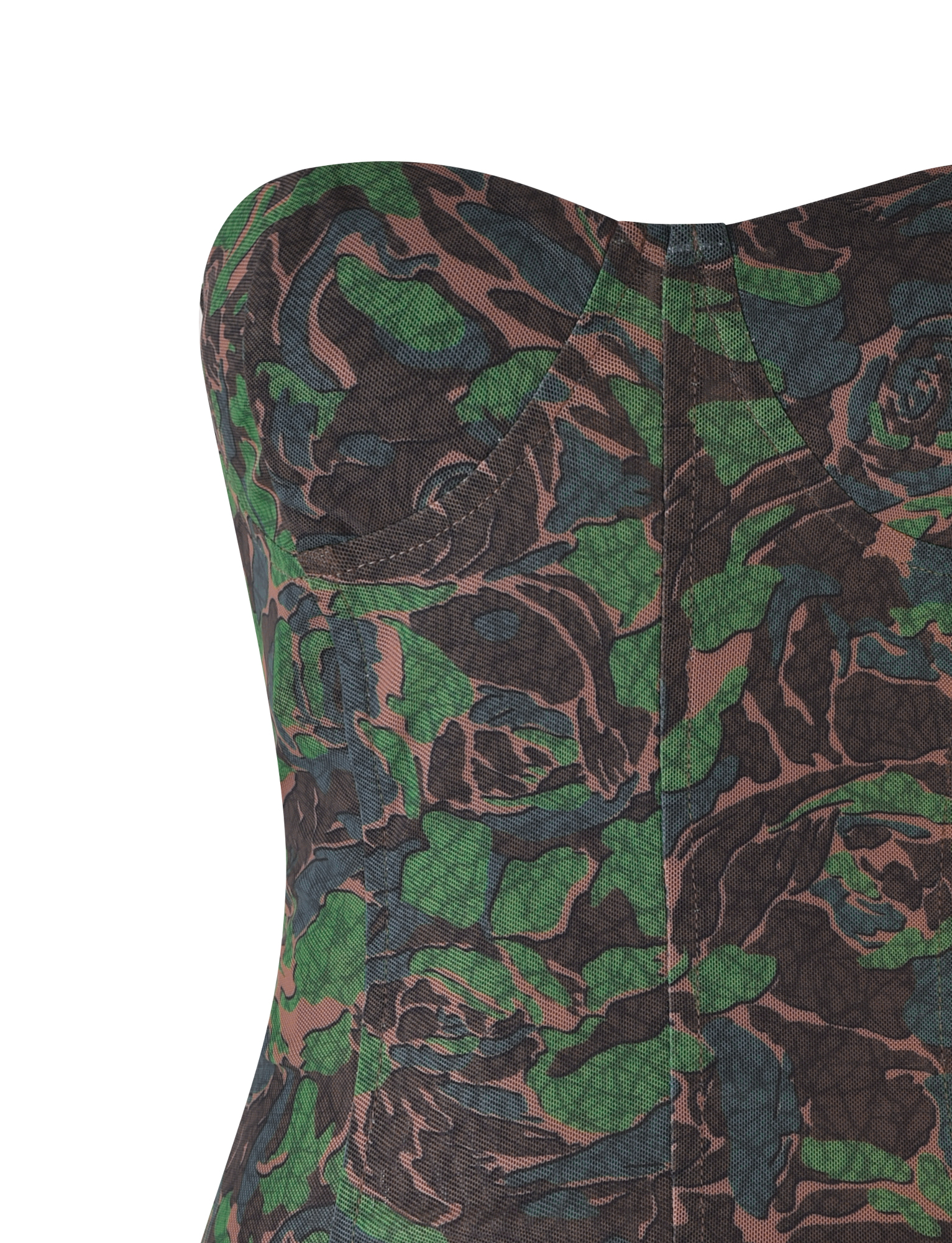 Close-up of the TIGERMIST DULCE CORSET - GREEN : CAMO, a strapless high-stretch mesh piece with a green camo print, floral details, visible seams, and a structured bodice.