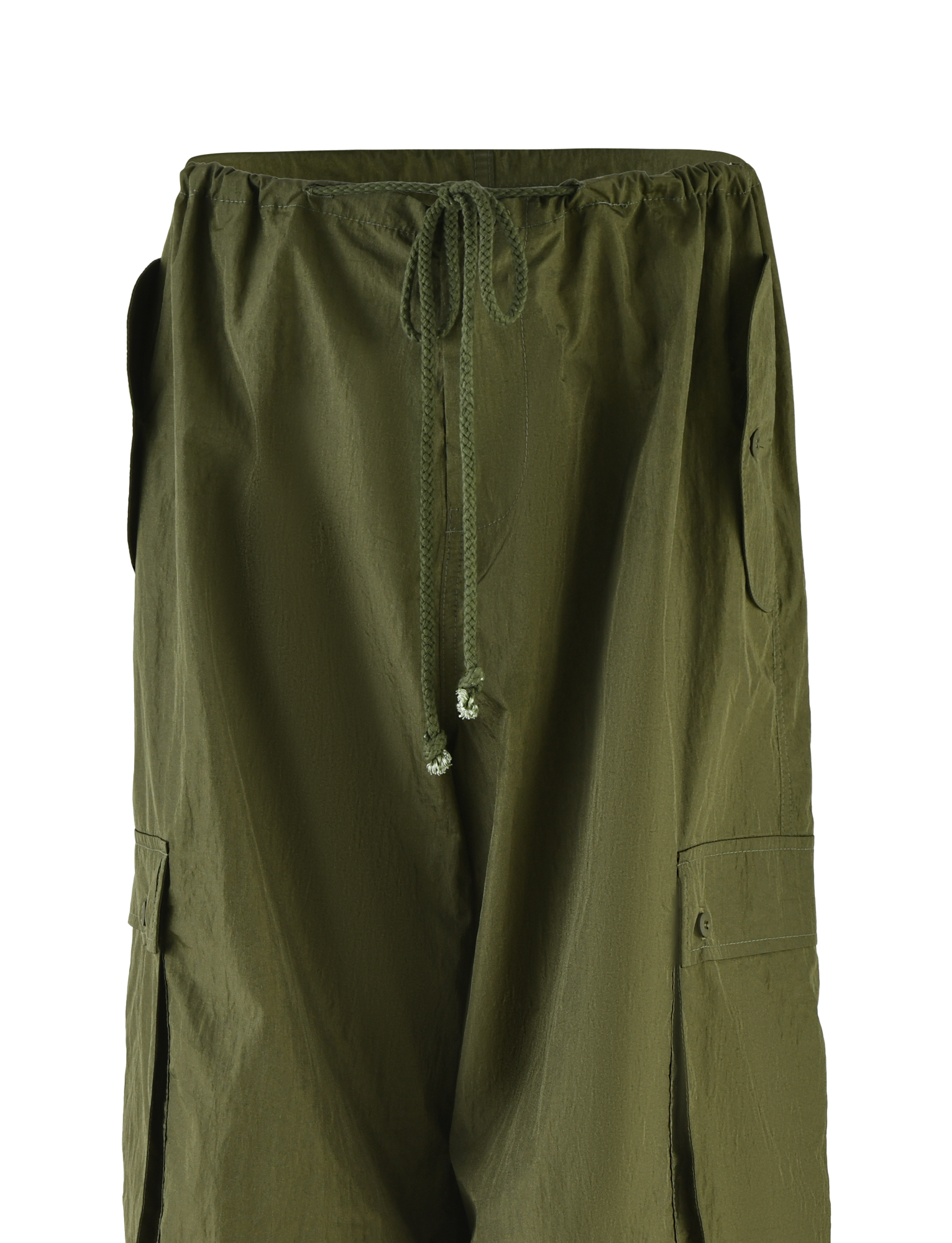 TIGERMIST VIOLETTE PANT in khaki green features adjustable sizing, an elastic drawstring waistband, and large side pockets with buttoned flaps.