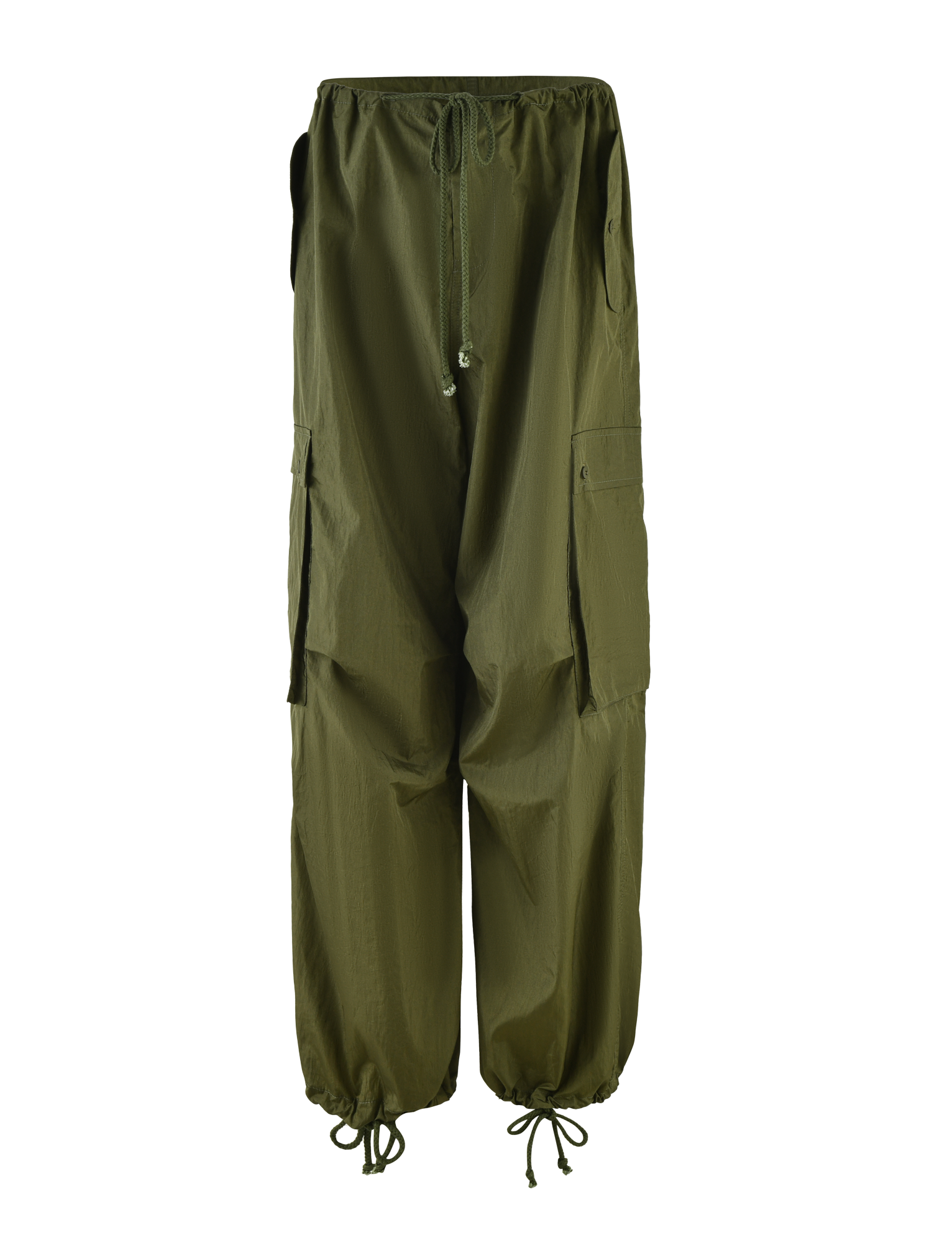 TIGERMIST VIOLETTE PANT in khaki green features an elastic drawstring waist, ankle ties, large side pockets, adjustable fit, and a relaxed loose style.