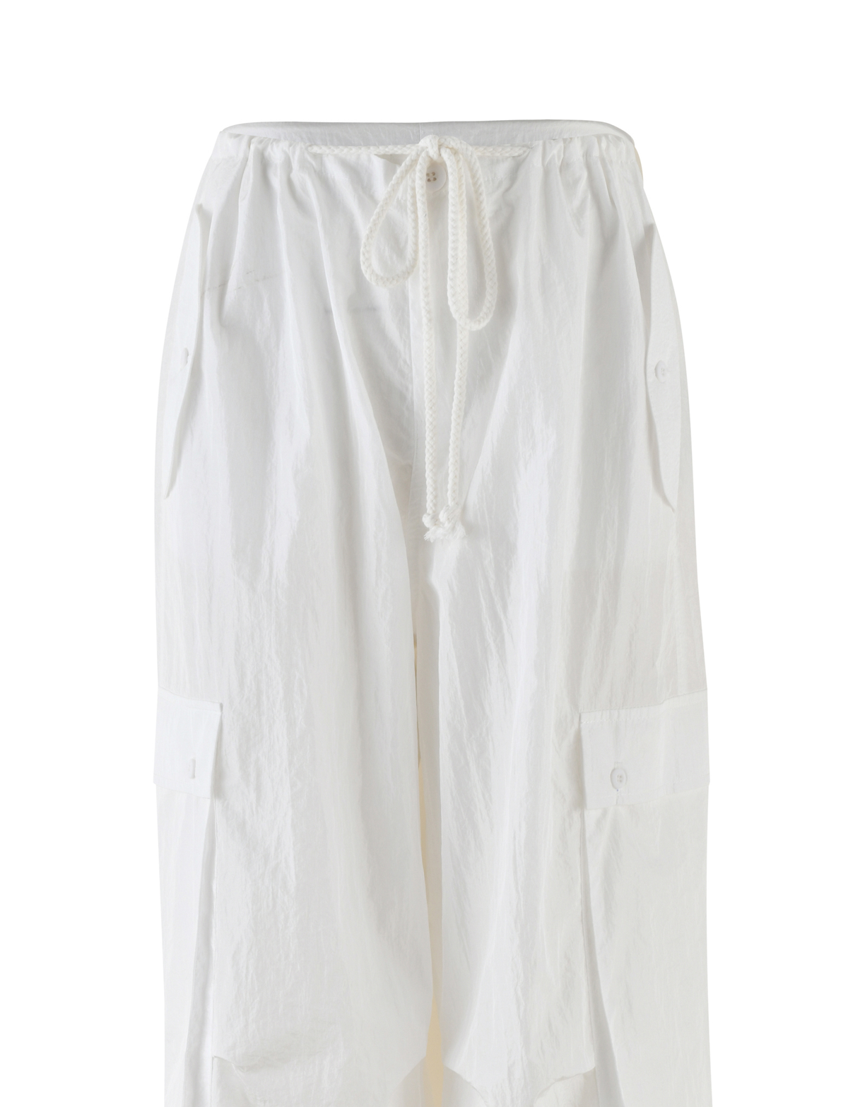 The TIGERMIST VIOLETTE PANT in white is a lightweight, low-rise cargo pant with a drawstring waist, side pockets, and an oversized fit, shown against a plain white background.
