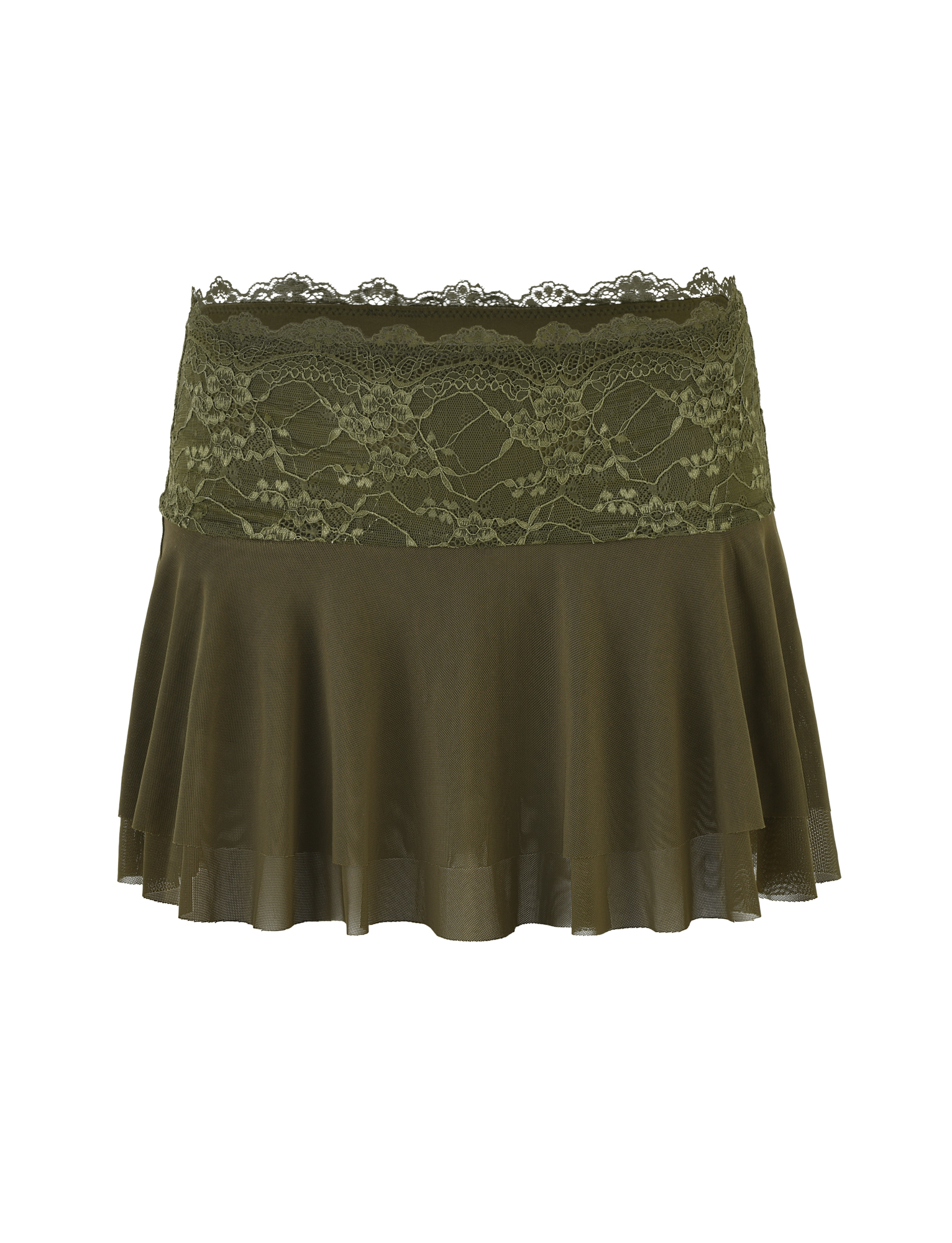 The TIGERMIST ADELINA MINI SKIRT in khaki green features a wide lace waistband and flared sheer hem, with floral lace details adding elegant texture to this mesh skort-inspired piece.