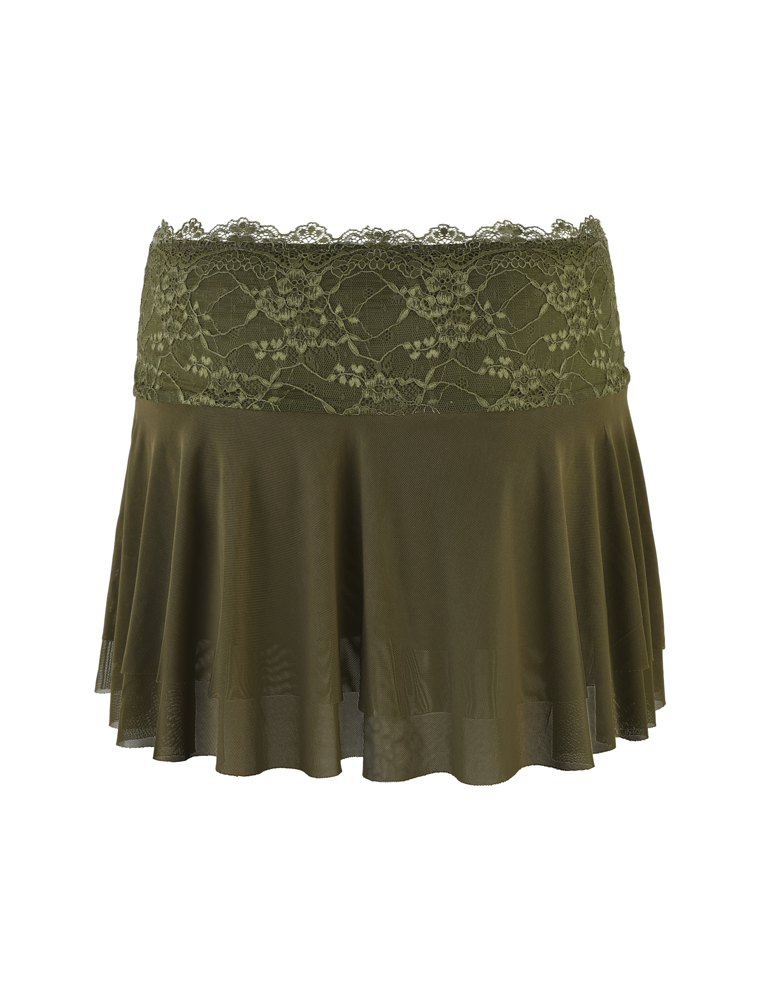 The TIGERMIST ADELINA MINI SKIRT in khaki green features a floral lace ivory waistband and a flared, flowy silhouette, crafted from satin and lace. Displayed on a white background.