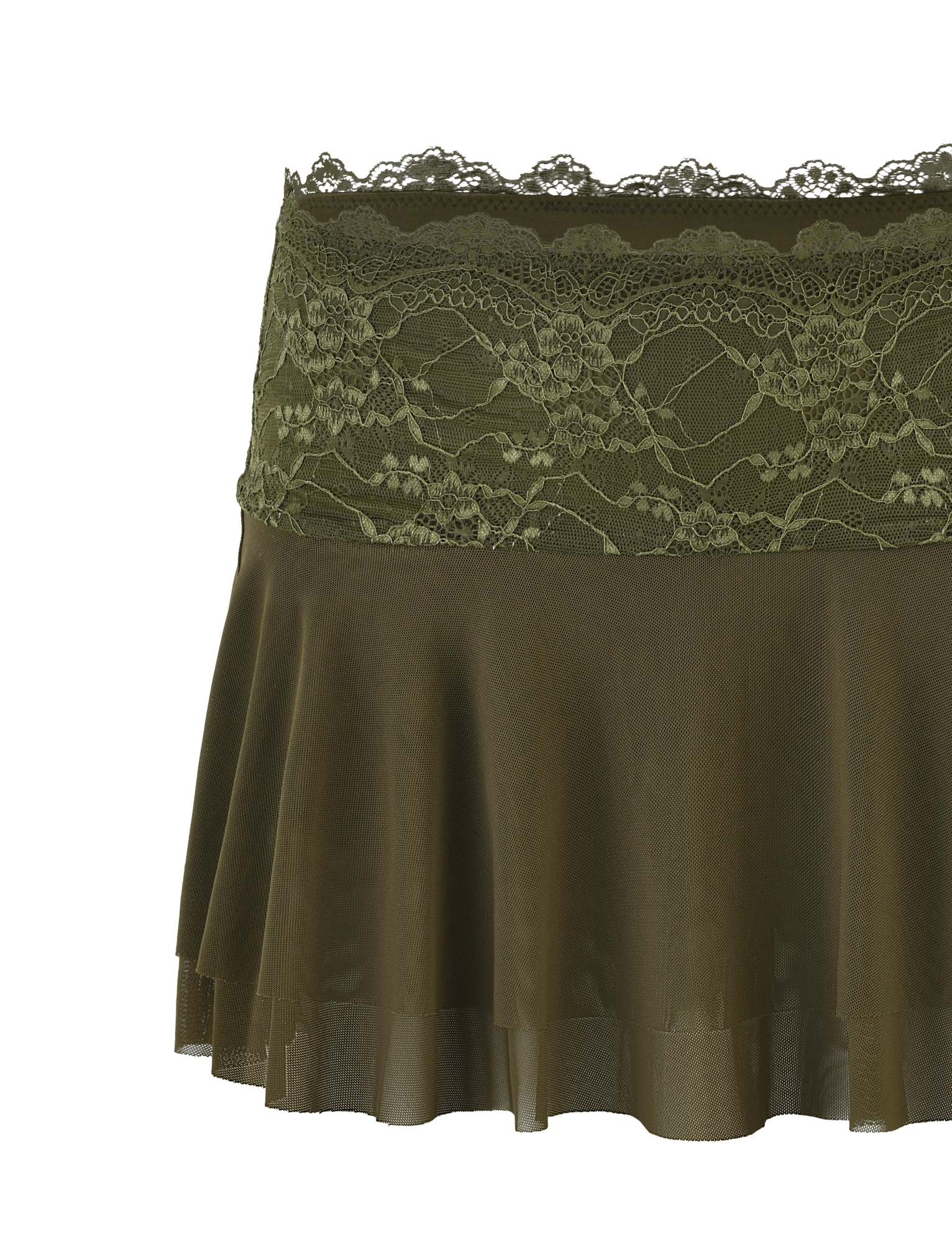 The TIGERMIST ADELINA MINI SKIRT in khaki green features an ivory floral lace waistband, a lightweight semi-sheer fabric, and a flared hem for a feminine look that blends mesh skort charm with elegant details.