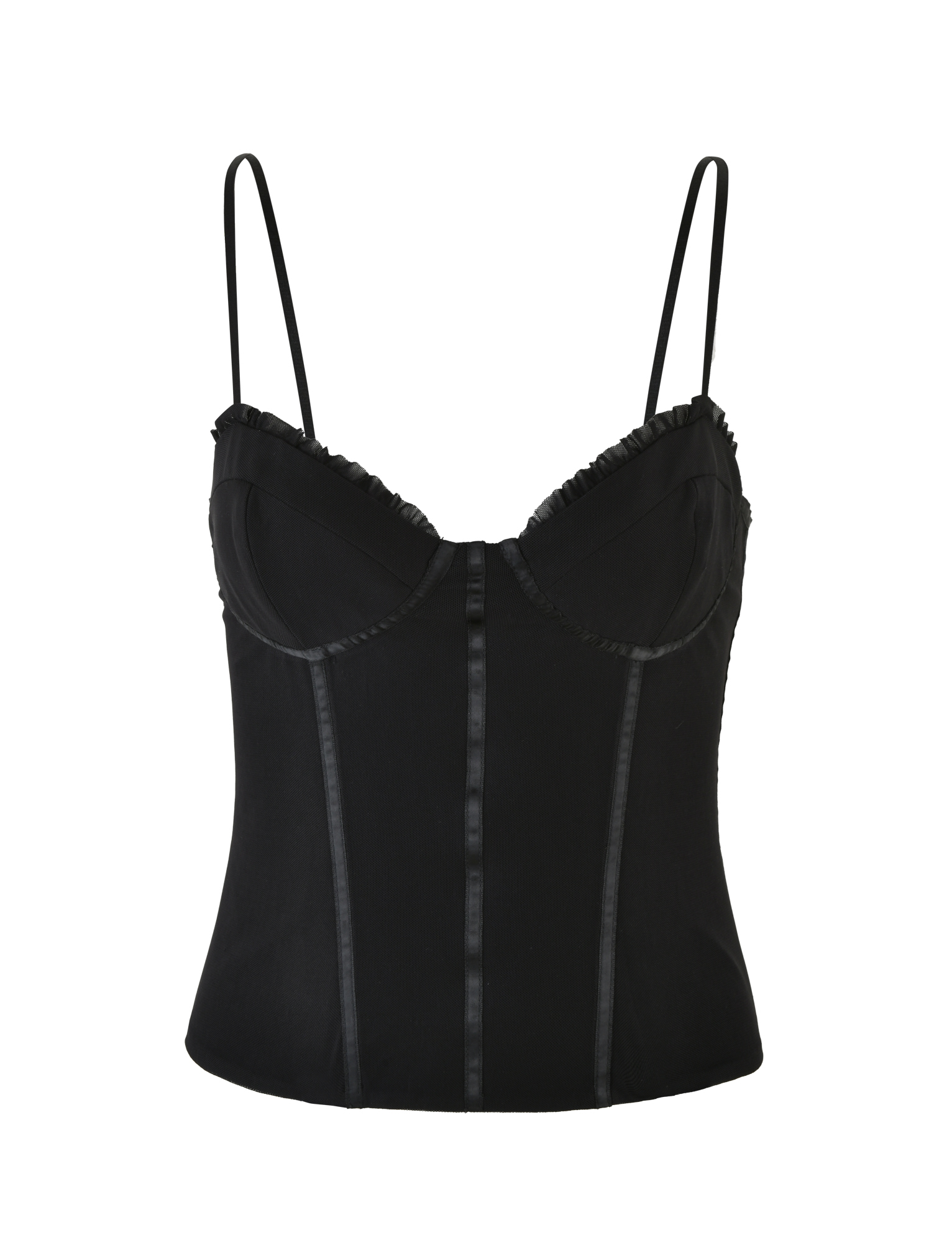 The KAIRA CORSET TOP - BLACK by TIGERMIST features adjustable straps, structured boning, front lace-up detail, and a ruffle-trimmed neckline. Shown in black mesh against a white background.