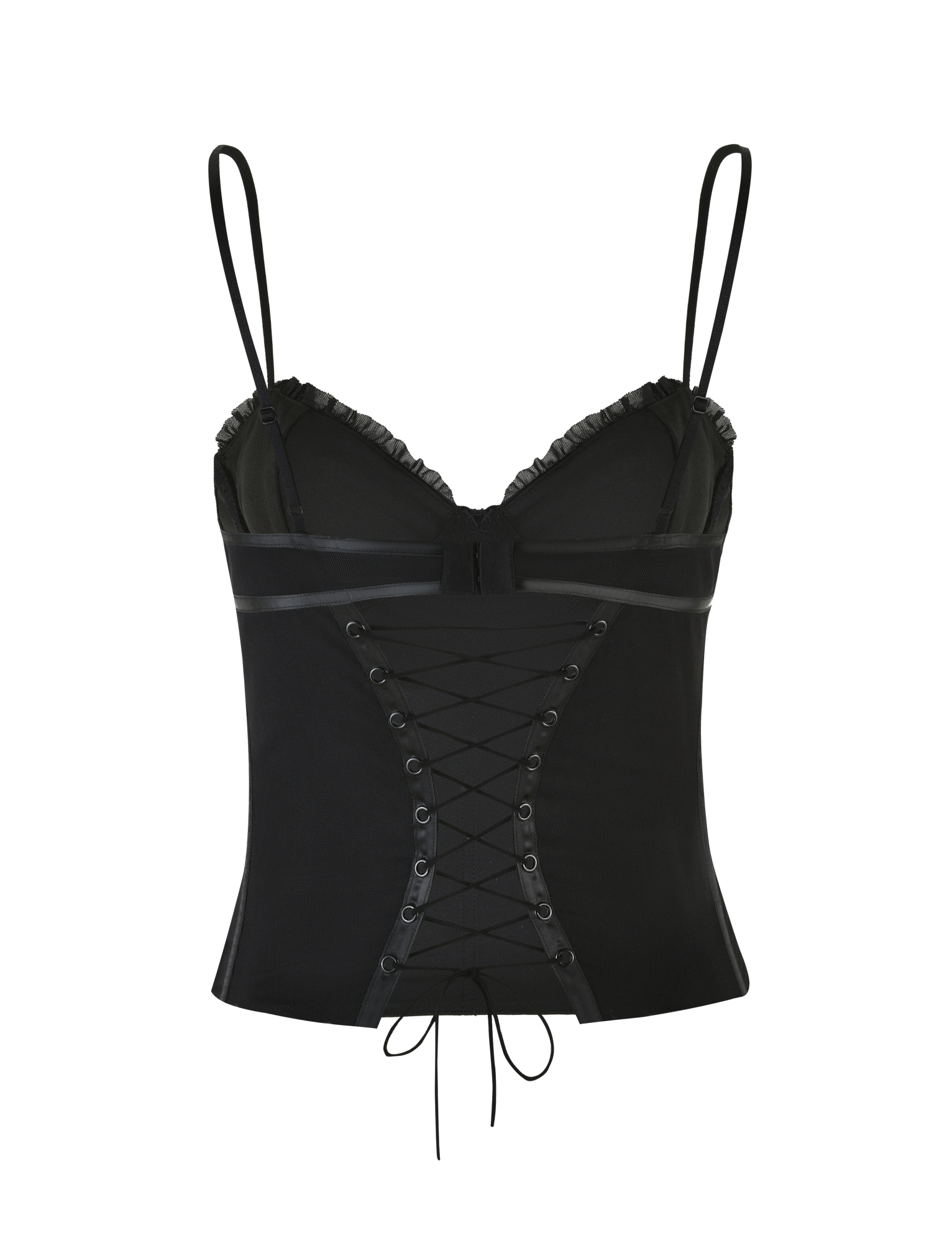 The KAIRA CORSET TOP - BLACK by TIGERMIST features a fitted silhouette, sheer black mesh fabric, adjustable straps, lace trim at the bust, and front lace-up detail with a black cord.