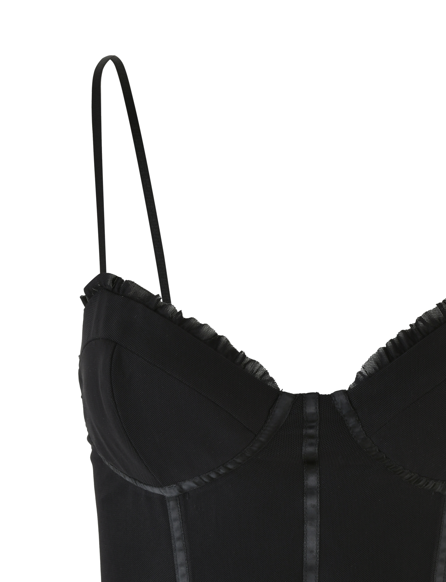A close-up of the TIGERMIST KAIRA CORSET TOP - BLACK, featuring adjustable shoulder straps, structured cups, mesh fabric, and satin trim detailing.
