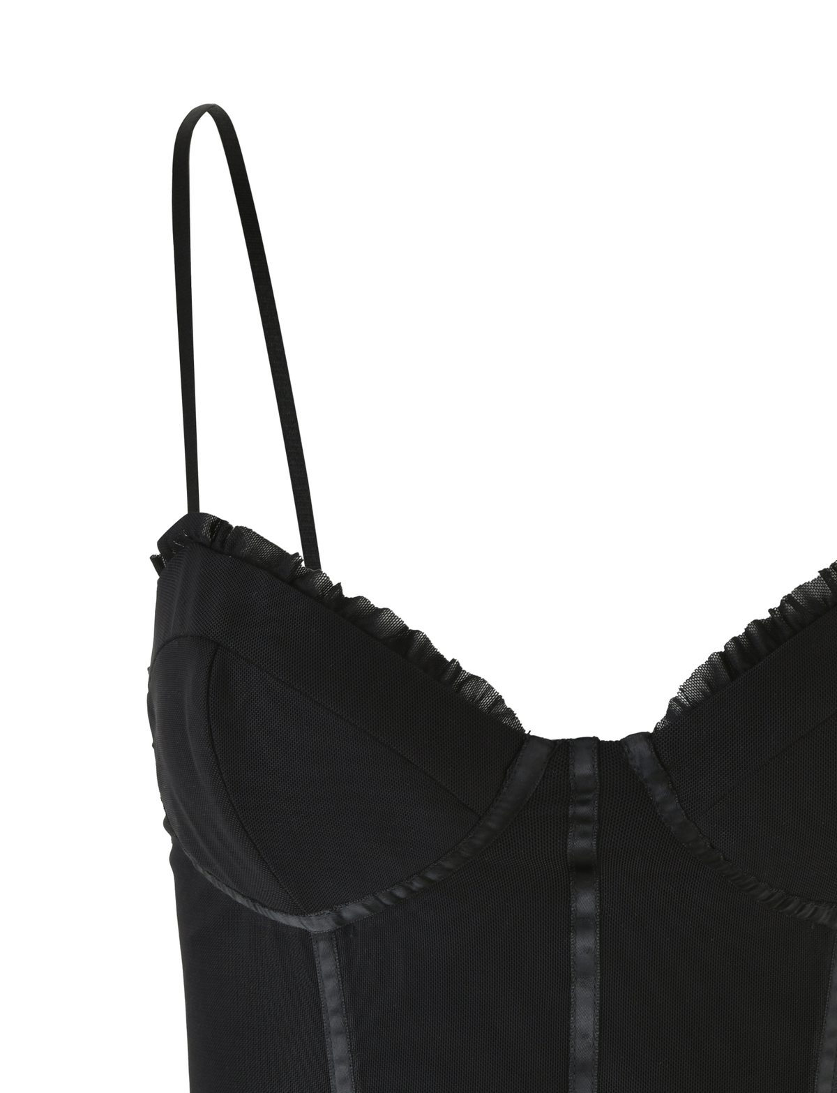 A close-up of the TIGERMIST KAIRA CORSET TOP - BLACK, featuring adjustable shoulder straps, structured cups, mesh fabric, and satin trim detailing.