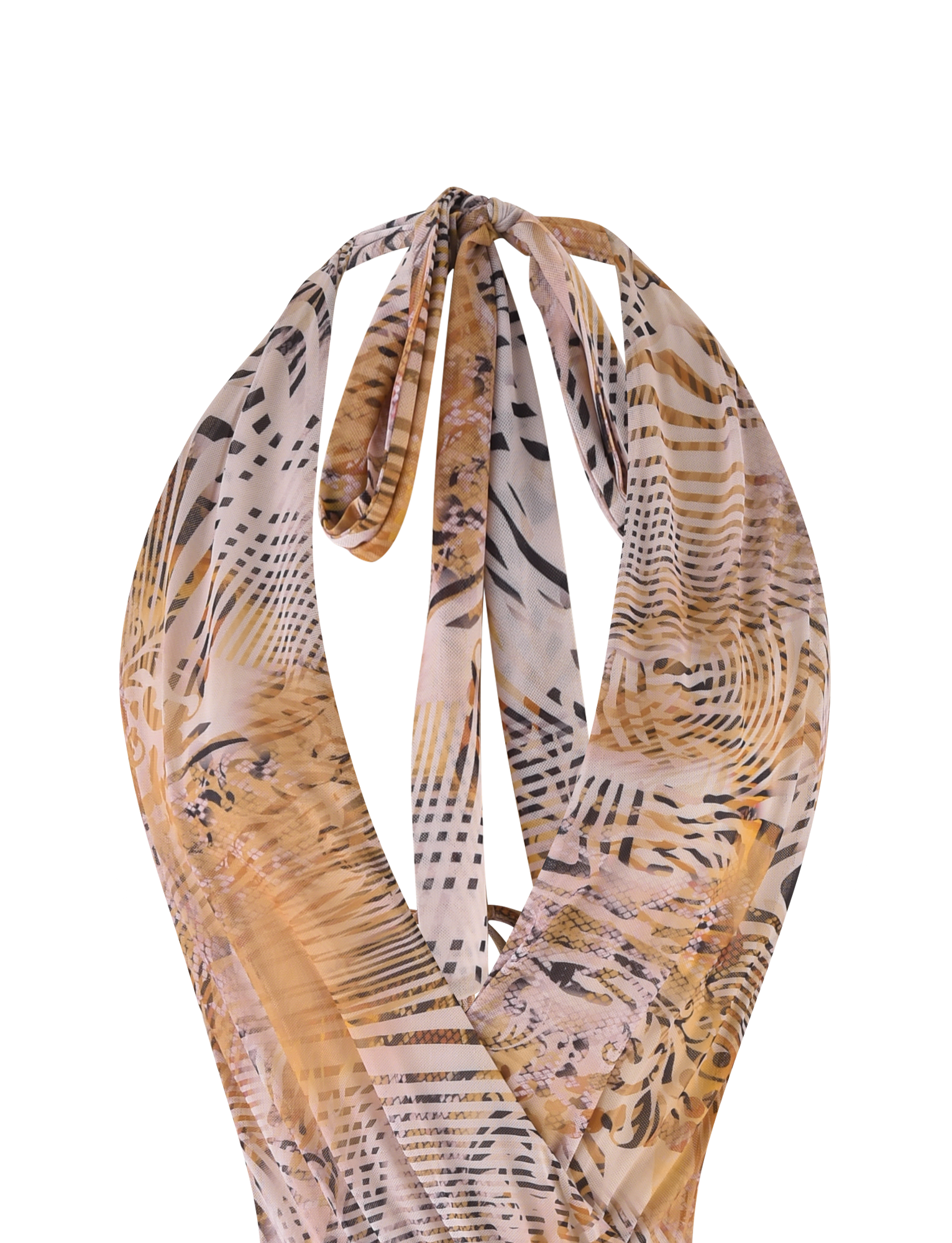 The YARA MINI DRESS – NEUTRAL: ANIMAL MARBLE by TIGERMIST features an animal-inspired marble print in beige, brown, and black—perfect for a chic look when paired with a patterned lightweight scarf or halter neck style.