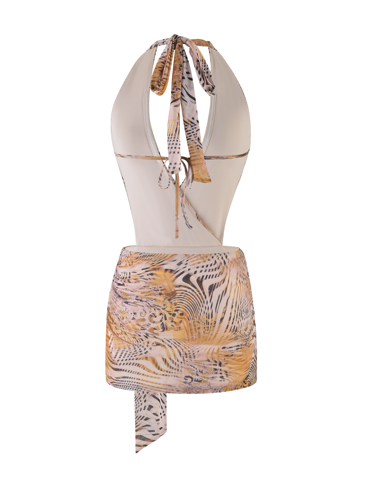 A back view of the TIGERMIST YARA MINI DRESS in Neutral Animal Marble, styled as a swimsuit and paired with an animal print sarong featuring beige, black, and gold tiger stripes tied at the waist.