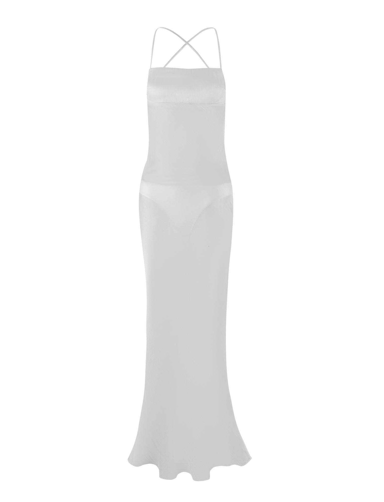 The TIGERMIST KIAH MAXI DRESS - WHITE: ICE is a long, white bias-cut maxi with adjustable criss-cross straps, fitted bodice, open back, and slightly flared hem for an elegant sleeveless look.