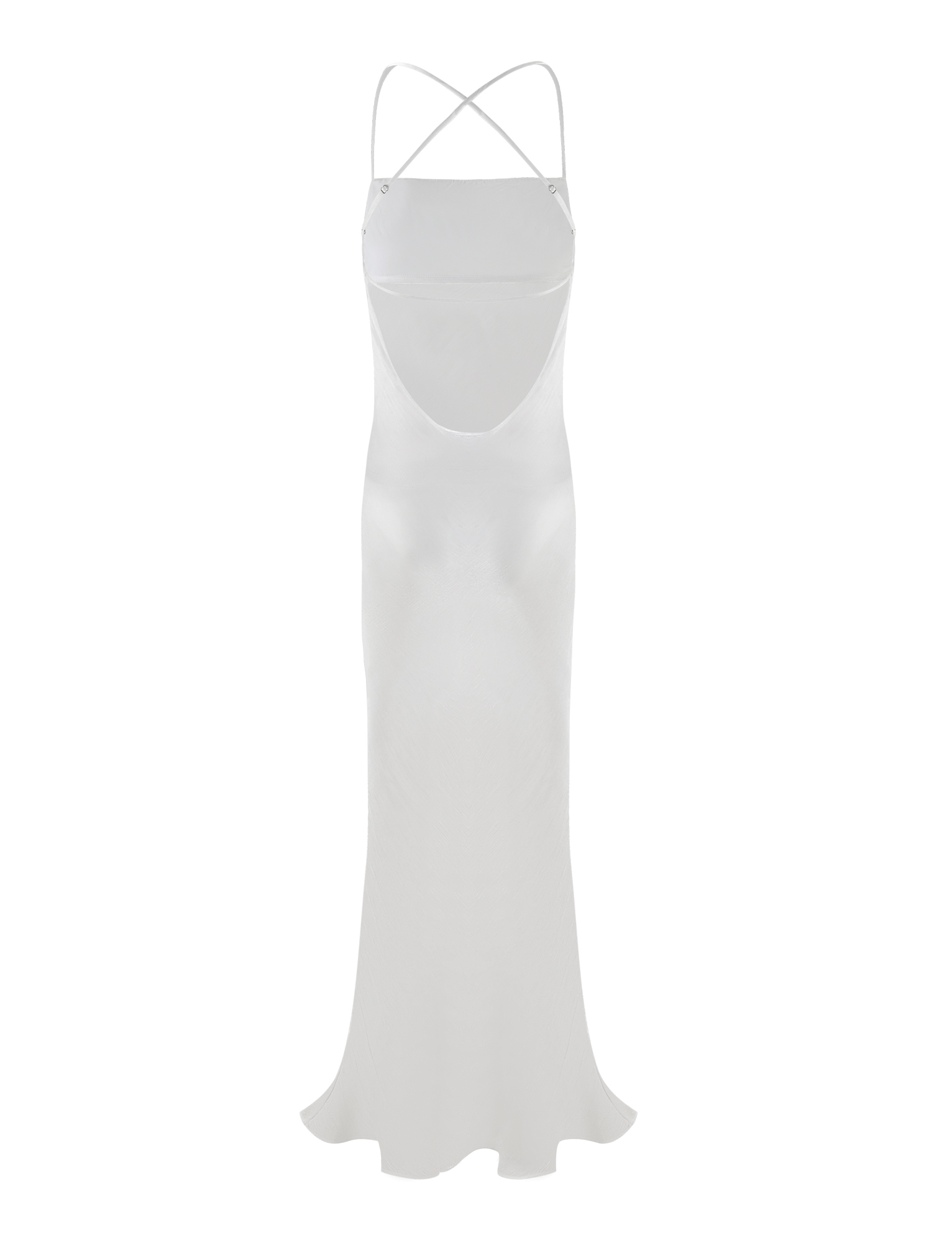 The TIGERMIST KIAH MAXI DRESS - WHITE : ICE is a long, white bias-cut dress with adjustable criss-cross straps, a low open back, fitted silhouette, and flowing hemline, shown against a plain white background.