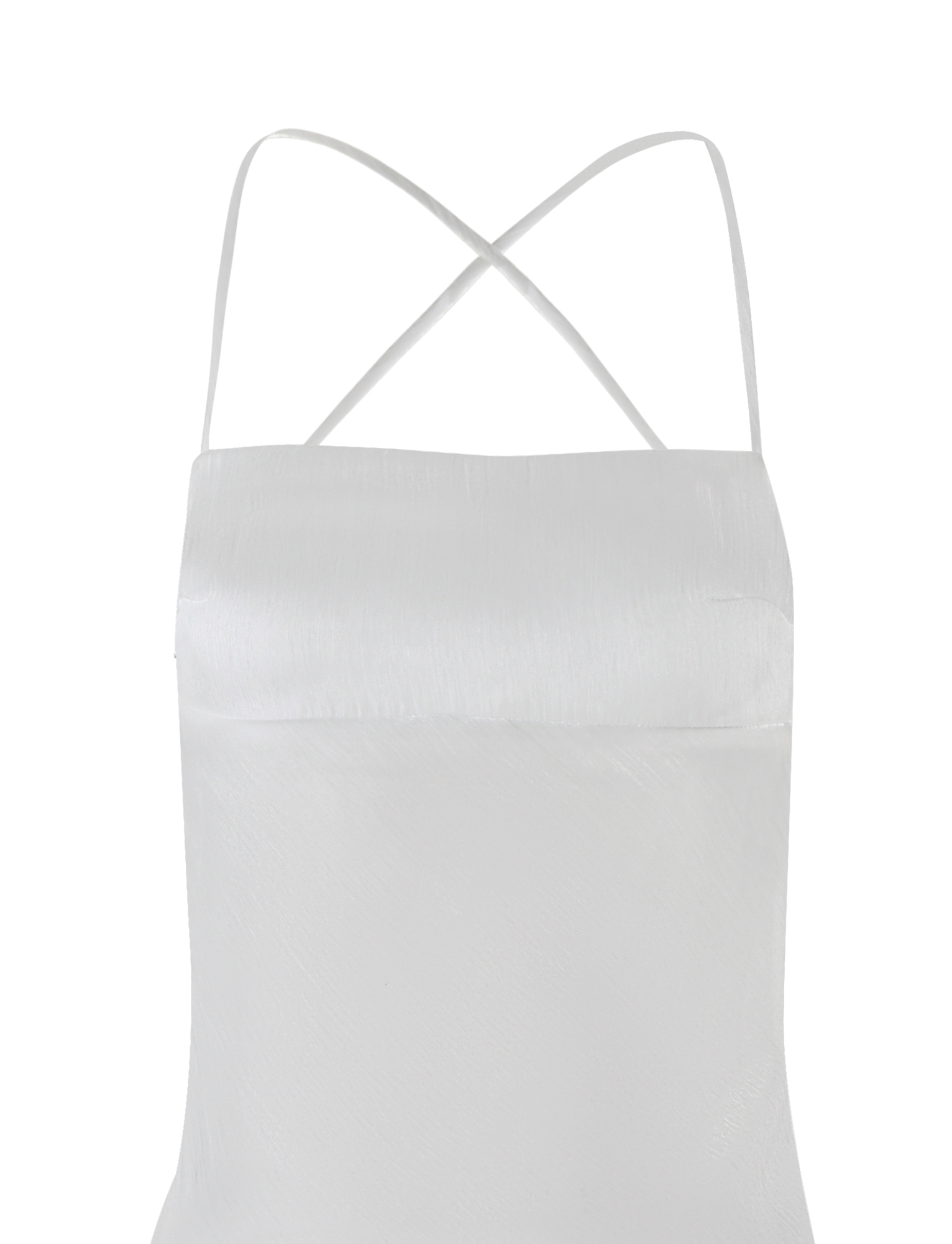 Front view of the TIGERMIST KIAH MAXI DRESS - WHITE : ICE, featuring a bias cut, adjustable crisscrossed shoulder straps, open back, and white satin fabric with a subtle sheen and smooth texture.