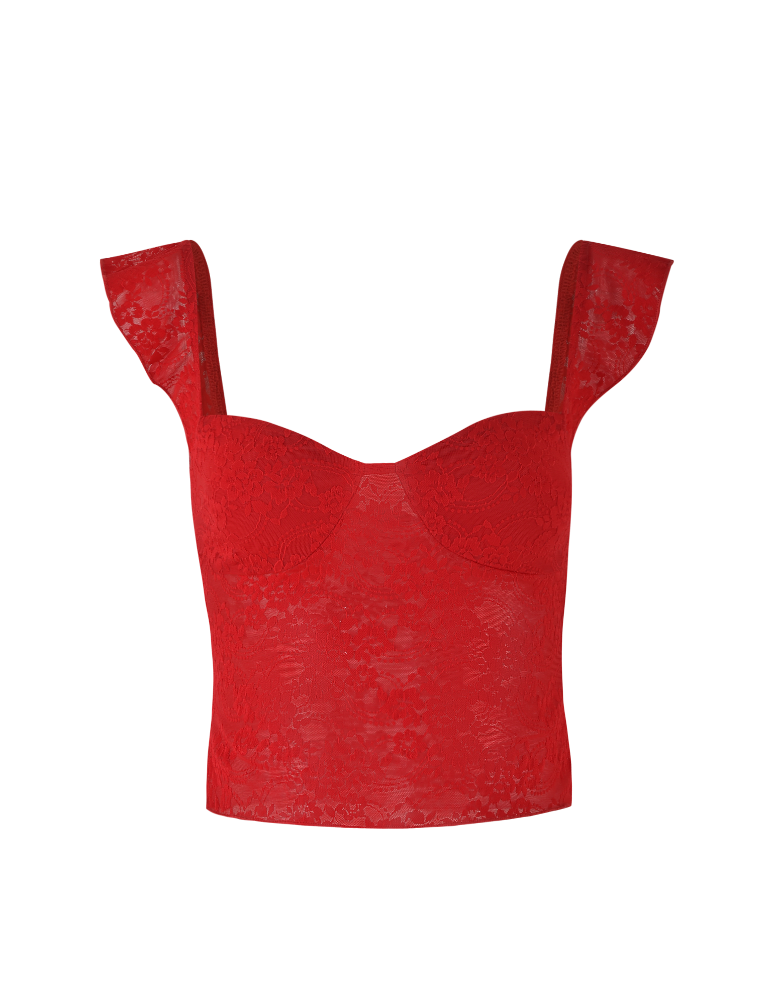 The TIGERMIST LORNA TOP - RED is a vibrant red crop top featuring wide shoulder straps, a sweetheart neckline, fitted bodice, and semi-sheer floral lace details.