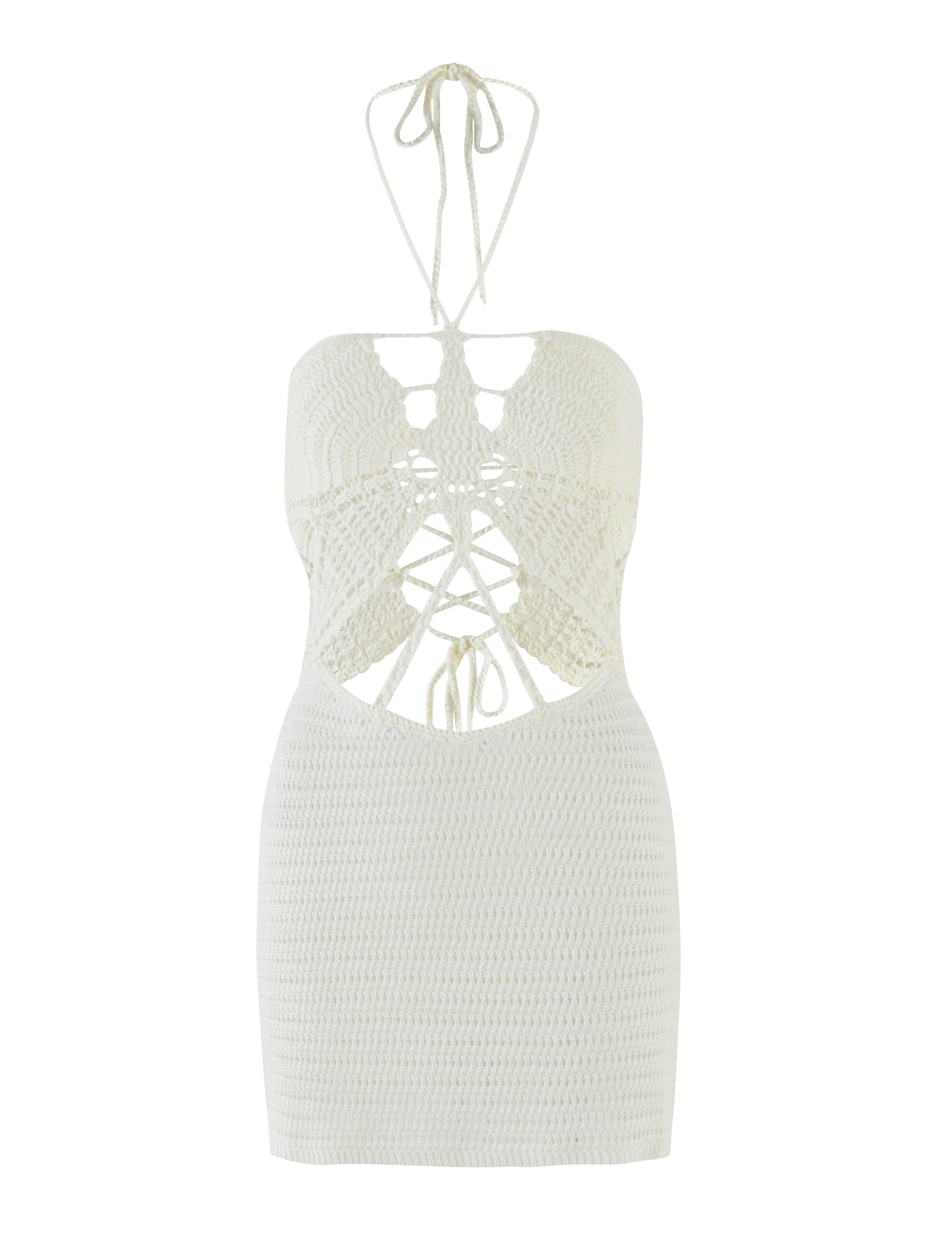 The AZADI MINI DRESS by TIGERMIST is a white crochet halter neck dress with a fitted skirt, cut-out front details, and crisscross lace-up ties at the bust and waist.