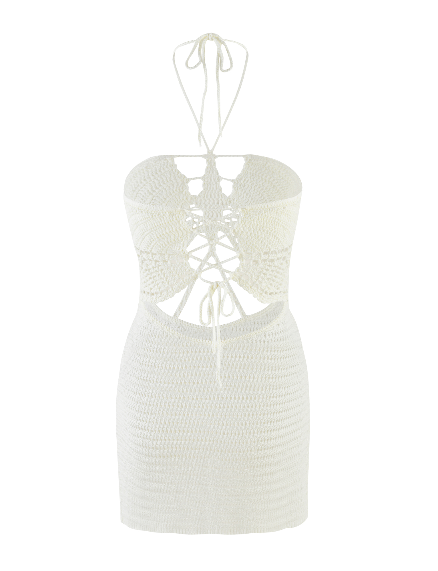 The AZADI MINI DRESS by TIGERMIST features a white crochet halter neck, open back with lace-up ties, fitted mini skirt, intricate knit patterns, and cut-out sections for a flirty look.