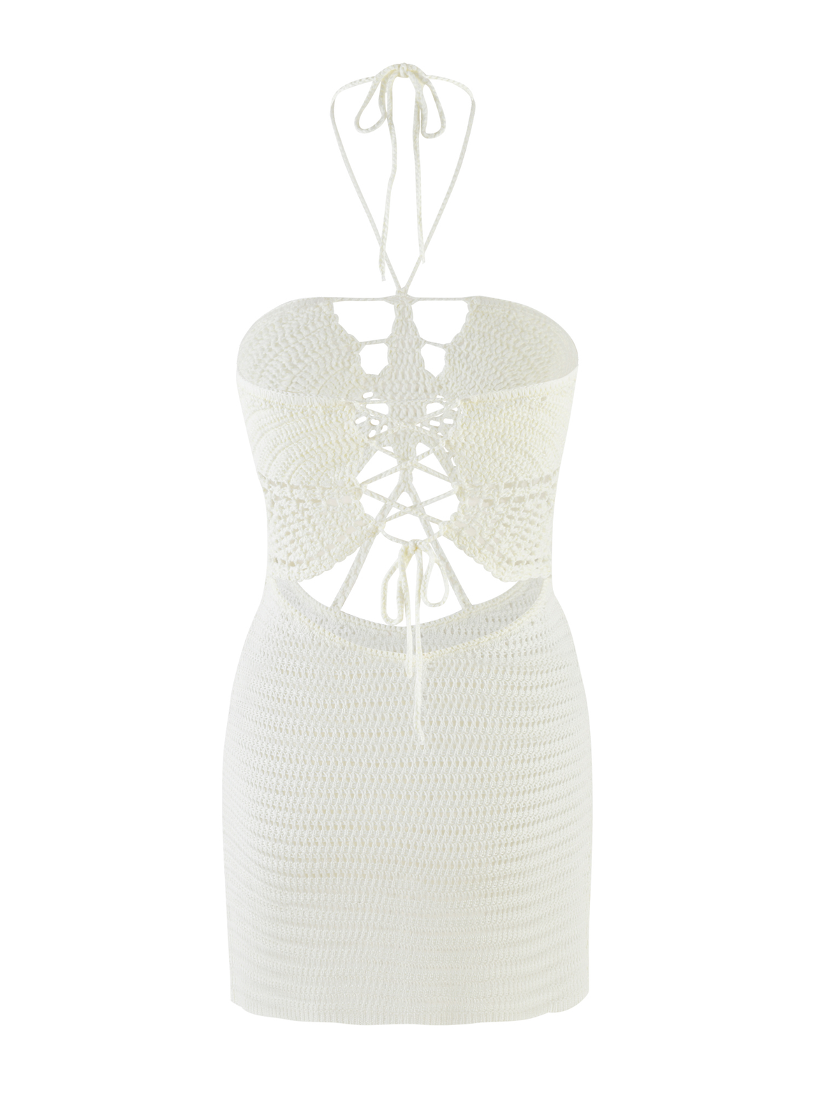 The AZADI MINI DRESS by TIGERMIST features a white crochet halter neck, open back with lace-up ties, fitted mini skirt, intricate knit patterns, and cut-out sections for a flirty look.