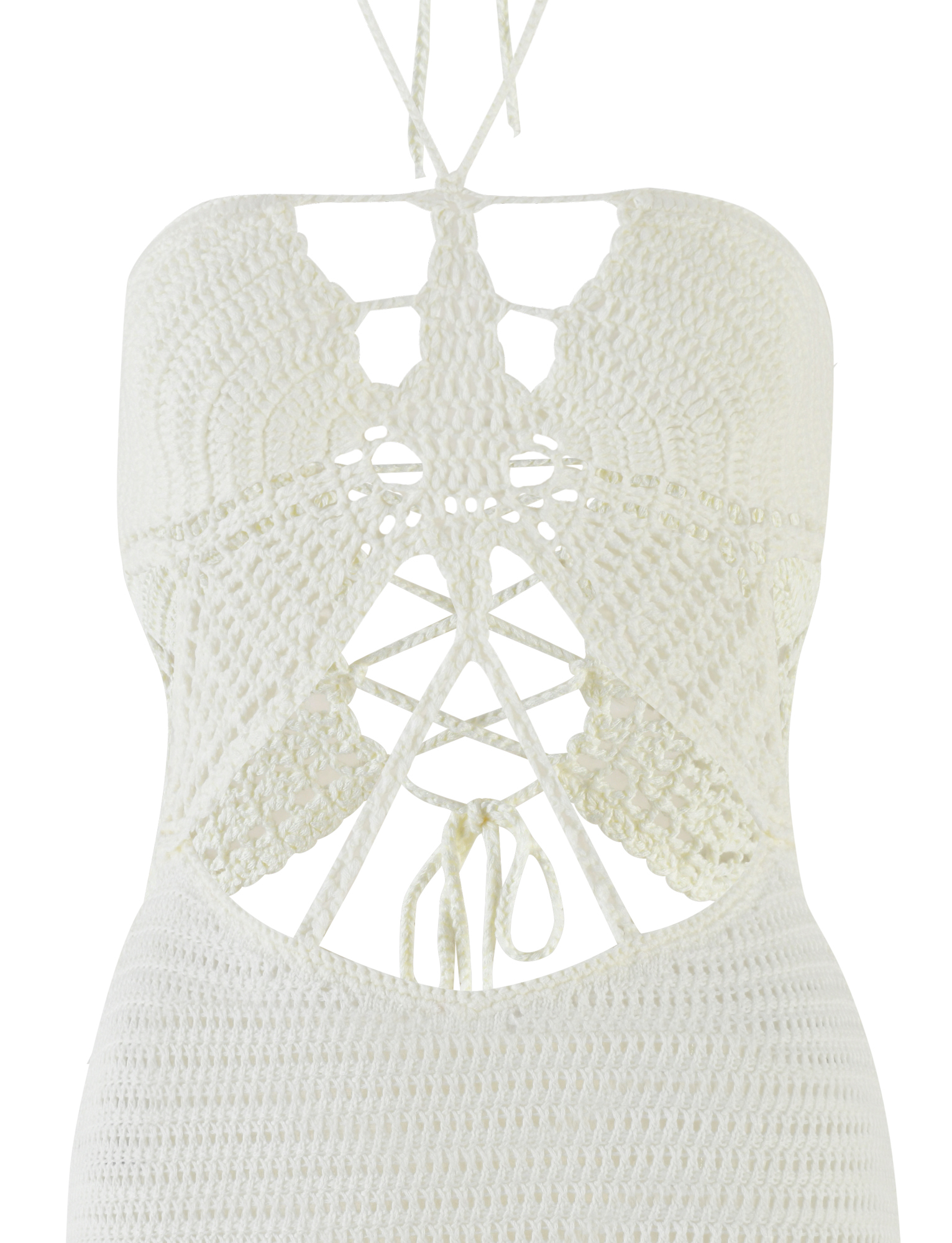 Close-up of the TIGERMIST AZADI MINI DRESS in White, showcasing intricate crochet openwork, a lace-up front, and cut-out details at the waist and torso.