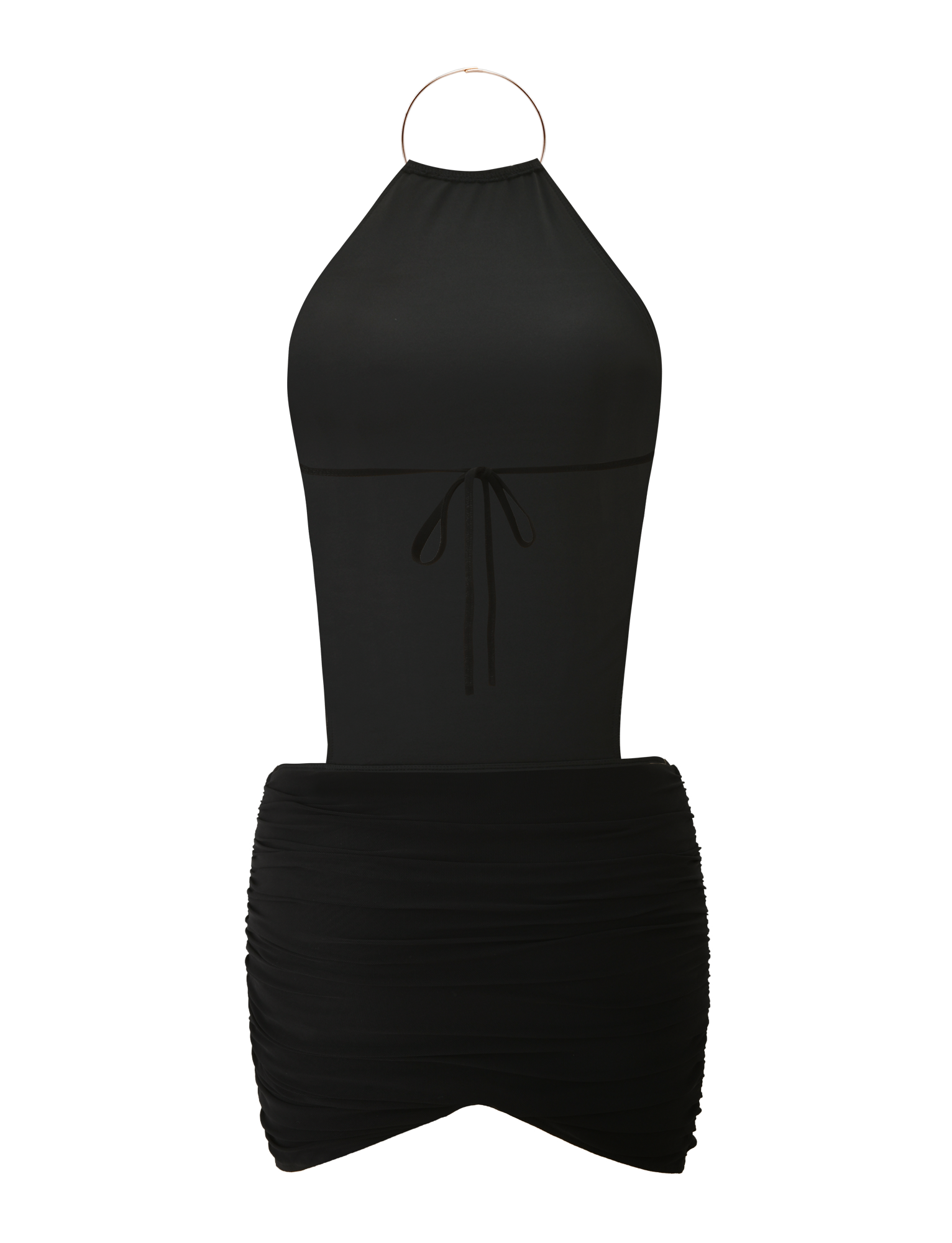 The TIGERMIST EVANNA MINI DRESS - BLACK features a gold hoop neckline, fitted bodice with a front tie, ruched draped skirt, and an open back—offering chic modern style.