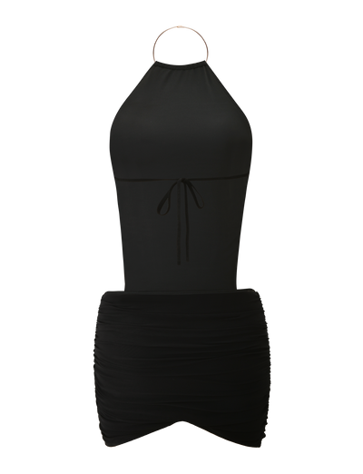The TIGERMIST EVANNA MINI DRESS - BLACK features a gold hoop neckline, fitted bodice with a front tie, ruched draped skirt, and an open back—offering chic modern style.