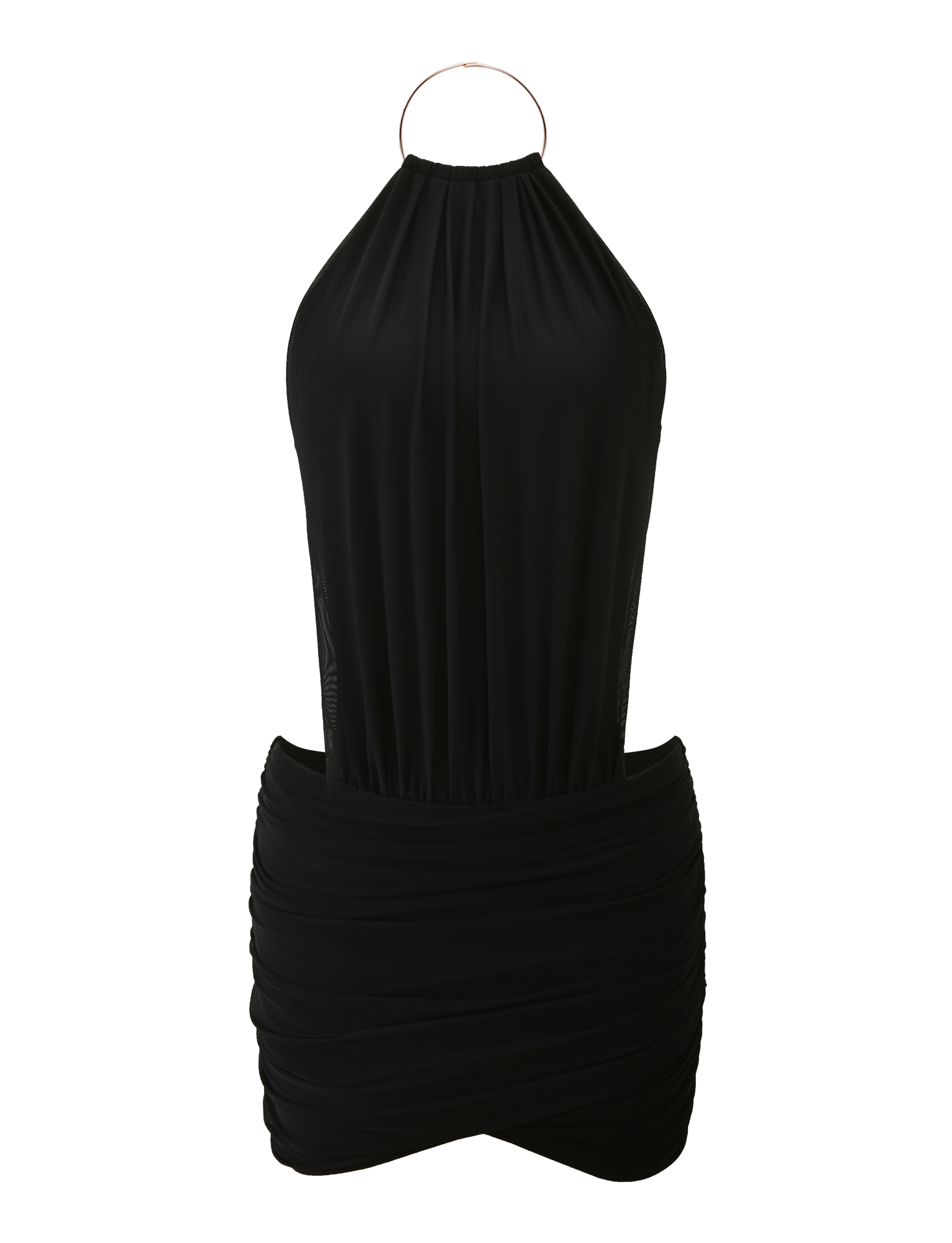 The TIGERMIST EVANNA MINI DRESS - BLACK is a halter-neck, open-back dress with a fitted ruched skirt and a metallic circle detail at the neckline, shown on a plain white background.