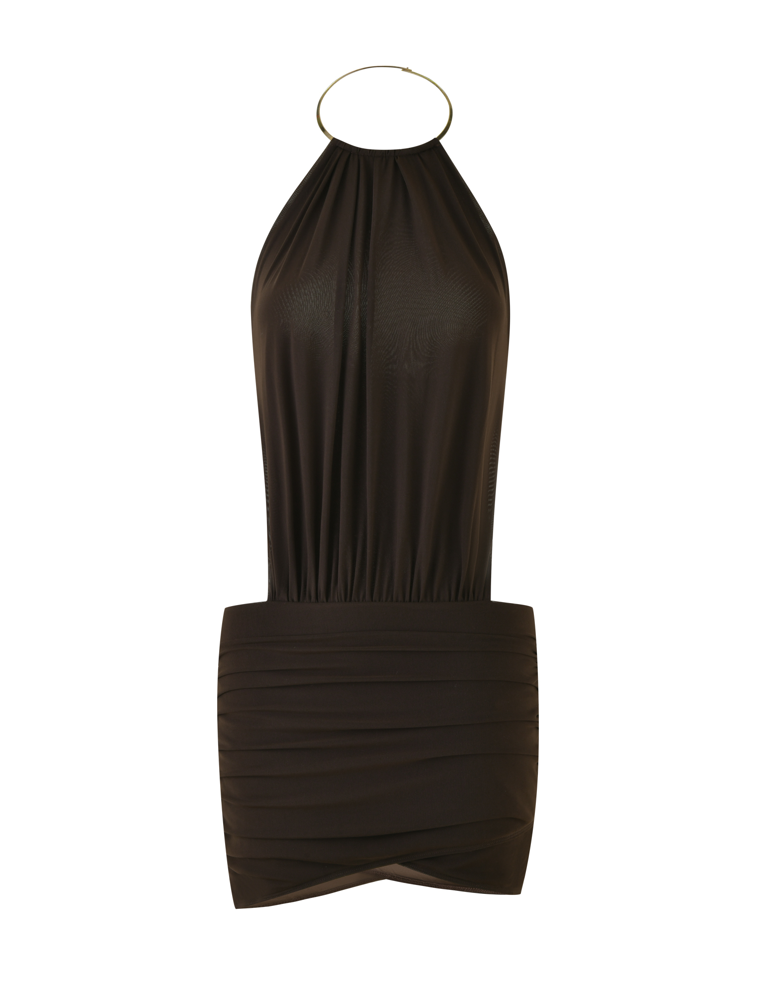 The TIGERMIST EVANNA MINI DRESS in chocolate brown features a bodycon fit, gold hoop neckline, ruched waist detailing, and a fitted skirt, displayed on a white background.