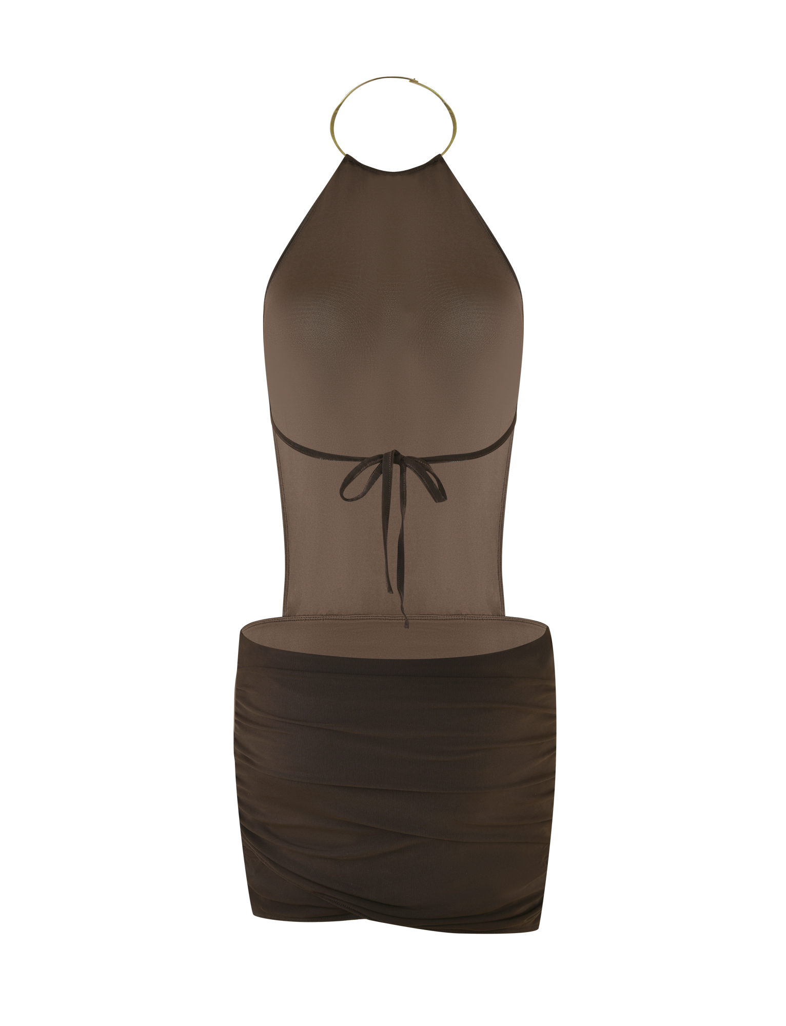 The EVANNA MINI DRESS - BROWN : CHOCOLATE by TIGERMIST is a sheer chocolate mini dress with a gold neck ring, mesh bodice, thin back tie, and ruched bodycon skirt. Features a high neck, see-through top, and solid bottom.